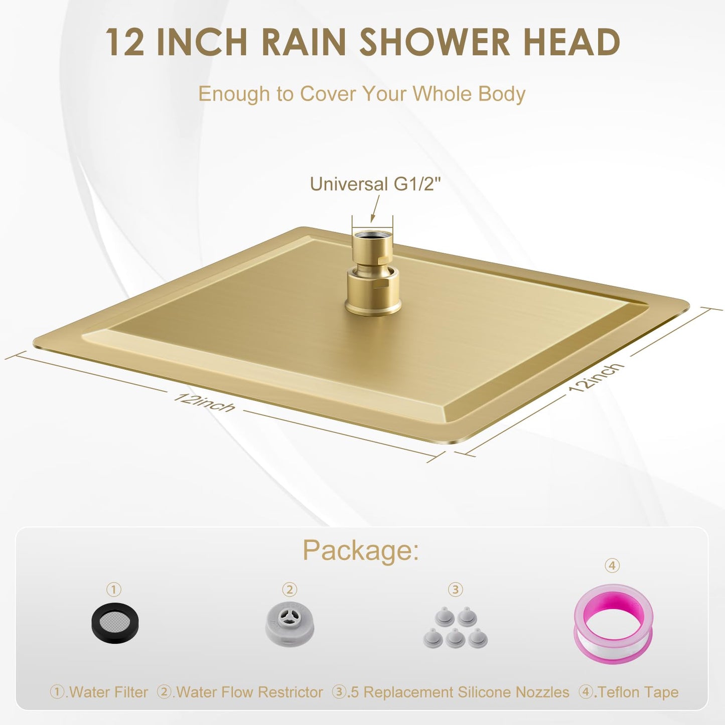 KINLIV 12 inch Brushed Gold Rain Shower Head - All Metal 304 Stainless Steel, Full Body Waterfall Shower with 144 Silicone Nozzles - Square Showerheads Ceiling or Wall Mount Modern Bathroom
