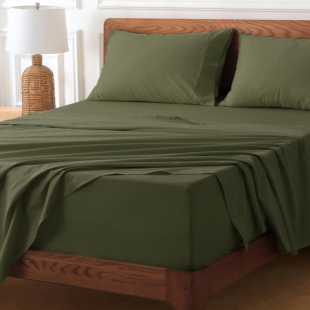 HYPREST Deep Pocket Queen Sheet Sets Fits 18"-24" in Deep Mattress -100% Cotton Queen Sheet Set,Green Hotel Luxury Soft Cooling Sheet Sets for Queen Bed