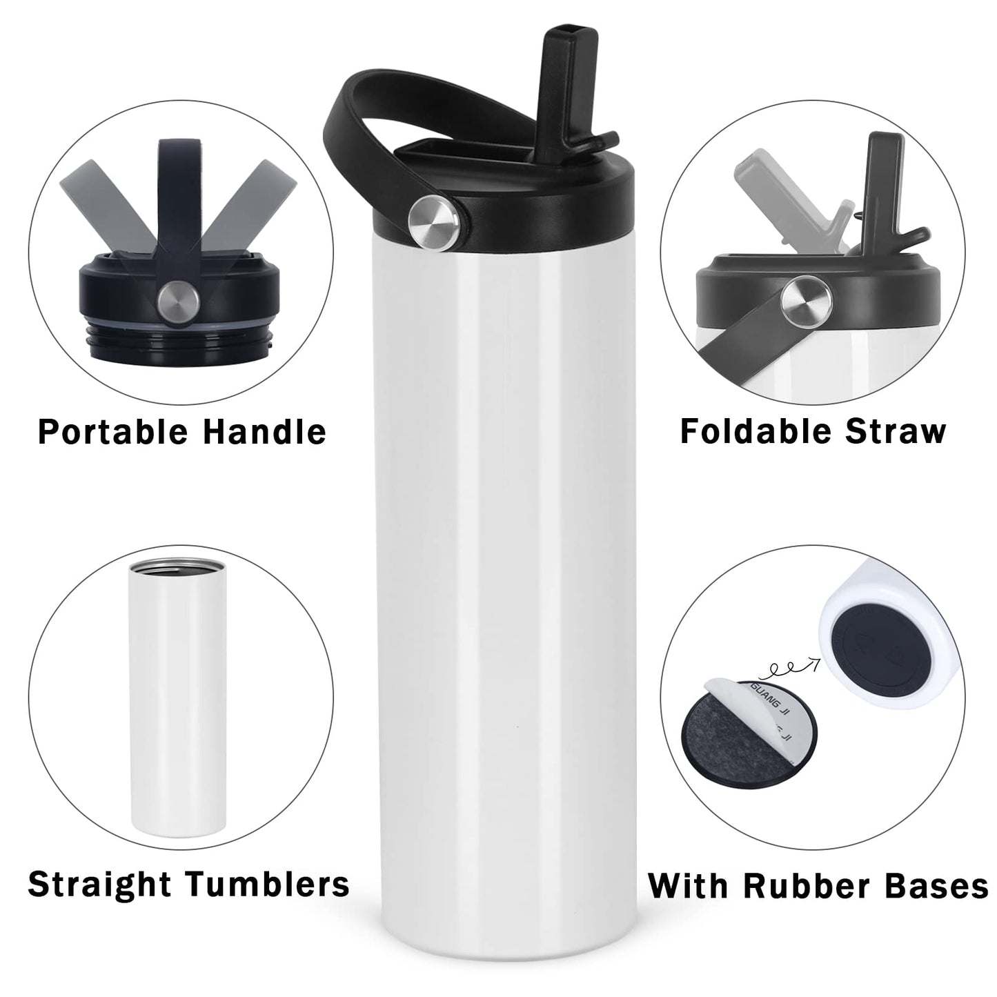 Micellwuu 8 Pack Sublimation Tumbler Bulk 20oz Skinny Straight, Sublimation Sport Water Bottles, Double Wall Stainless Steel Cups with Portable Handle, Individually Boxed