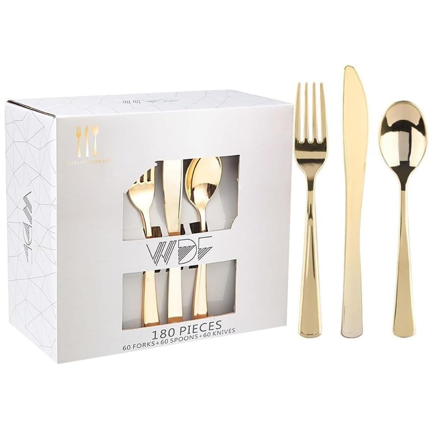 WDF 180 Pieces Disposable Plastic Gold Silverware Cutlery - Disposable Flatware Set 60 Forks, 60 Knives and 60 Spoons - Heavy Duty Gold Plastic Cutlery - Utensils for Baby Shower Wedding Spring