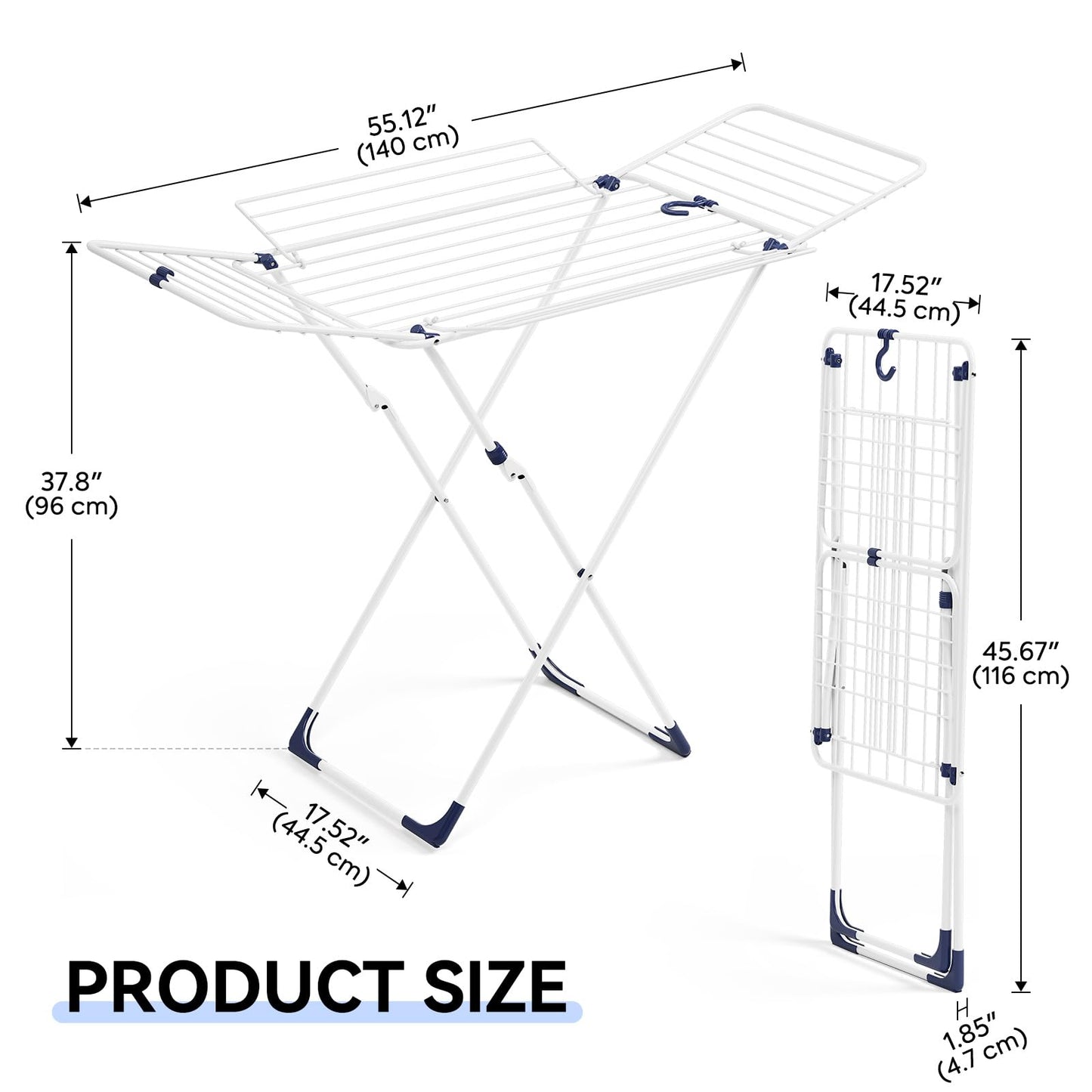APEXCHASER Clothes Drying Rack, Metal Drying Rack Clothing, Laundry Rack Foldable, Space-Saving, Free-Standing Airer with 4 Gullwings, Indoor Outdoor Use, 55.12"*37.8"*17.52", White