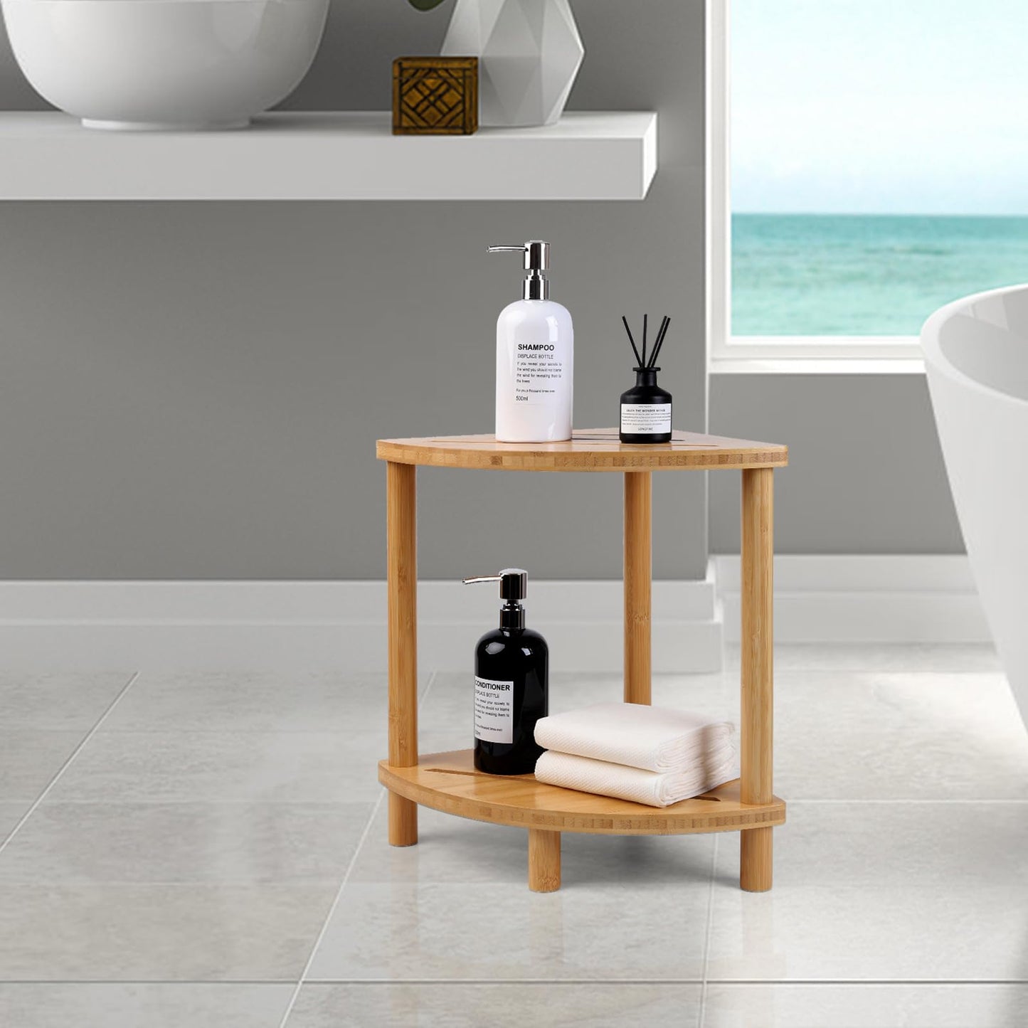 GUGIGIP Upgraded Bamboo Corner Shower Stool for Inside Shower Waterproof,2-Tier Shower Foot Rest with Storage Shelf,Corner Shower Shelf Bench Caddy Shaving Leg,Bath Seat,Gifts for Women Mom