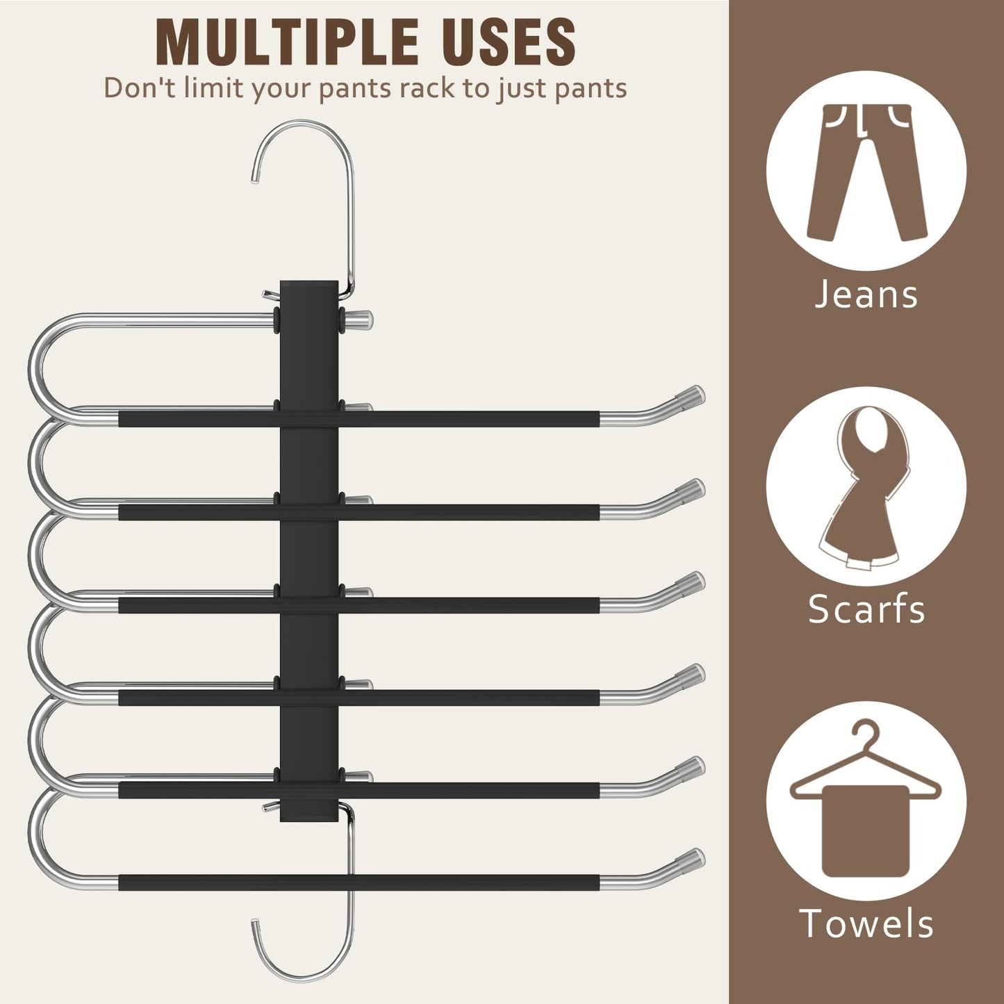 HUITEM 4 Pack 6-Tier Space Saving Pant Hangers, Anti-Slip, Lightweight, Stainless Steel, Black, 6 Pairs Jeans Hangers