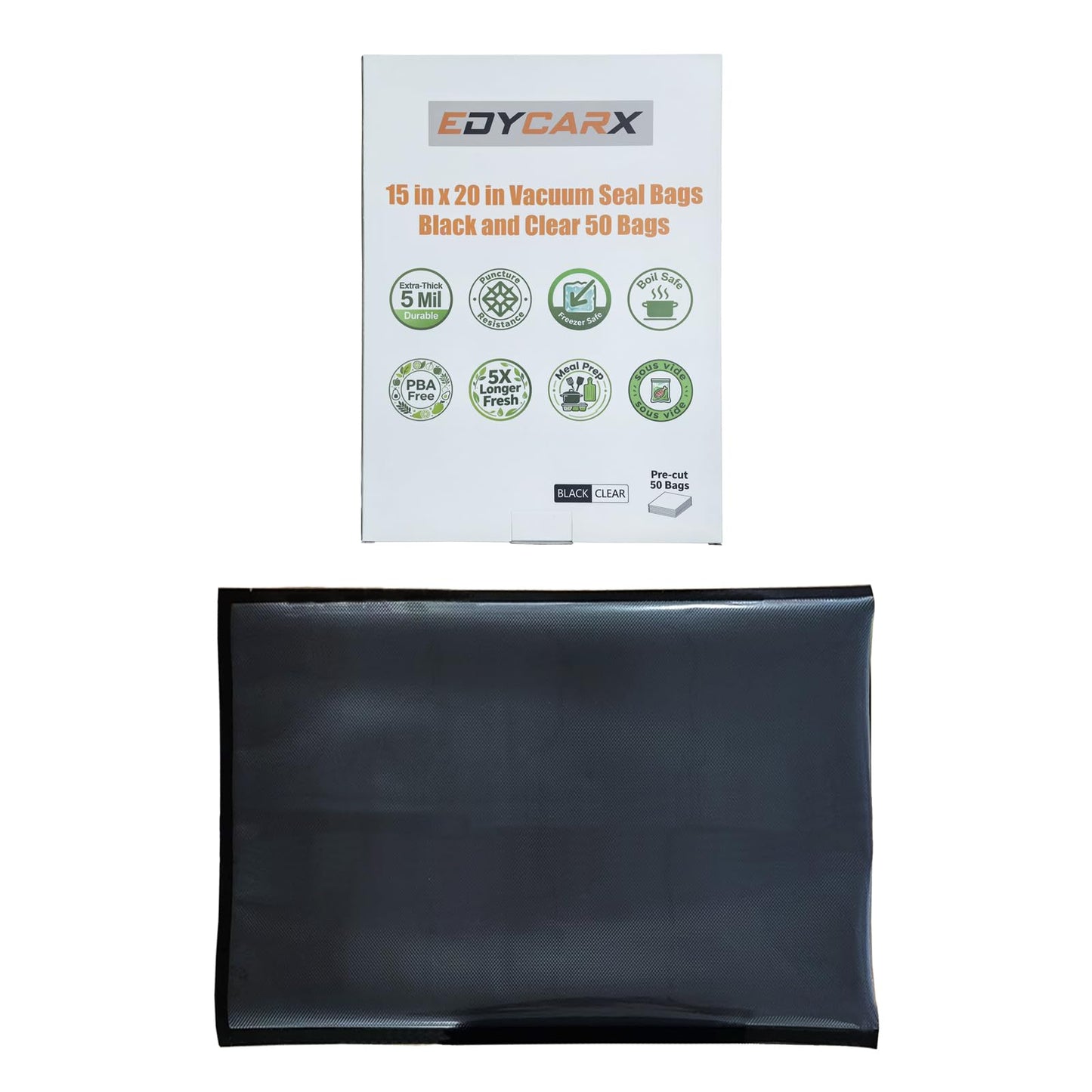 EDYCARX 15" x 20" Vacuum Seal Bags Black and Clear, Precut Vacuum Sealer Bags for Food Storage, Heavy Duty Commercial Grade 5 Mil Vacuum Bags, 50 Count