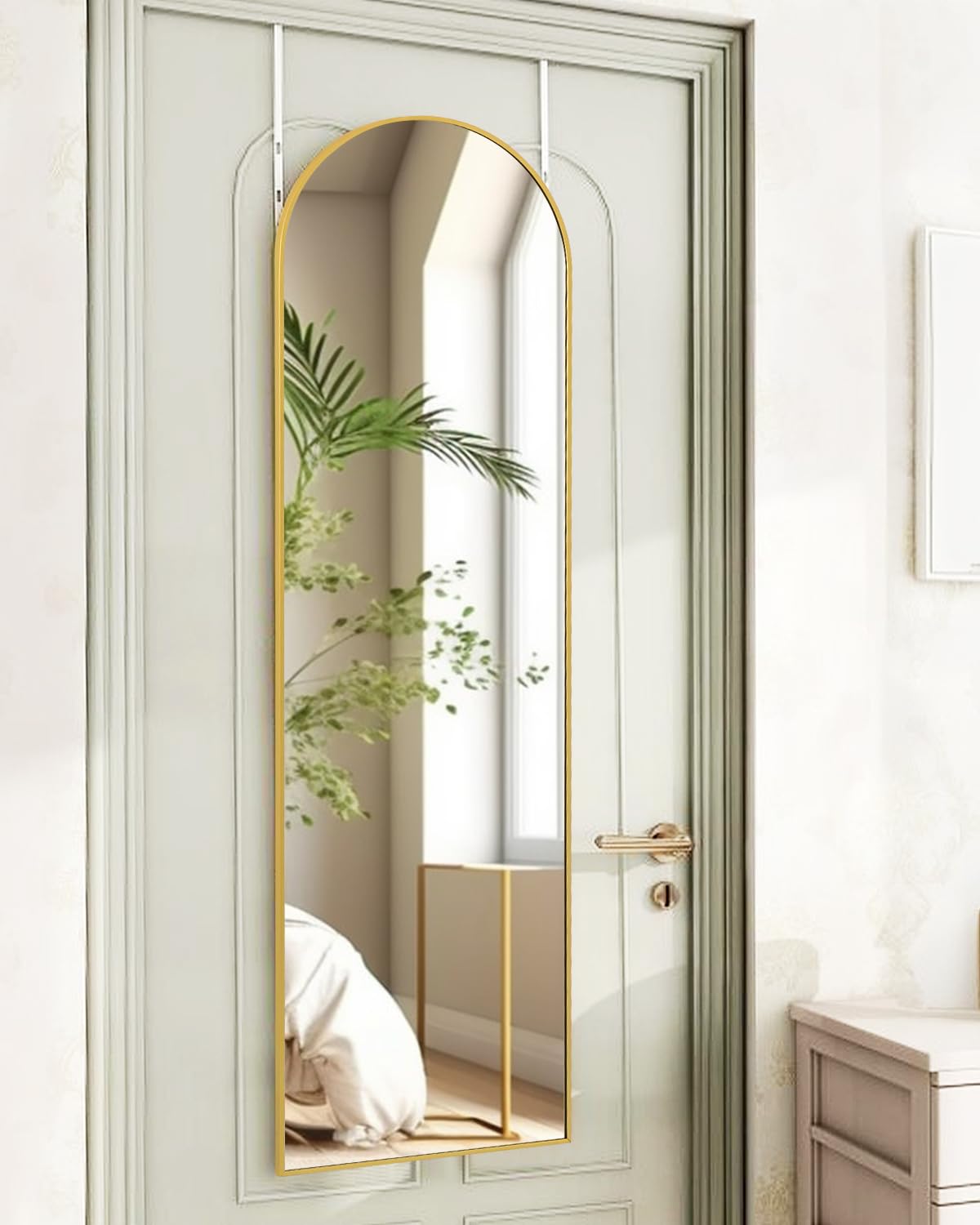 KOMCOTE Full Length Mirror 48x14 Inches - Over The Door Hanging Mirror for Bedroom, Living Room, Closet - Arch Floor Mirror, Door Mirror with Gold Frame - No Drill Easy Install