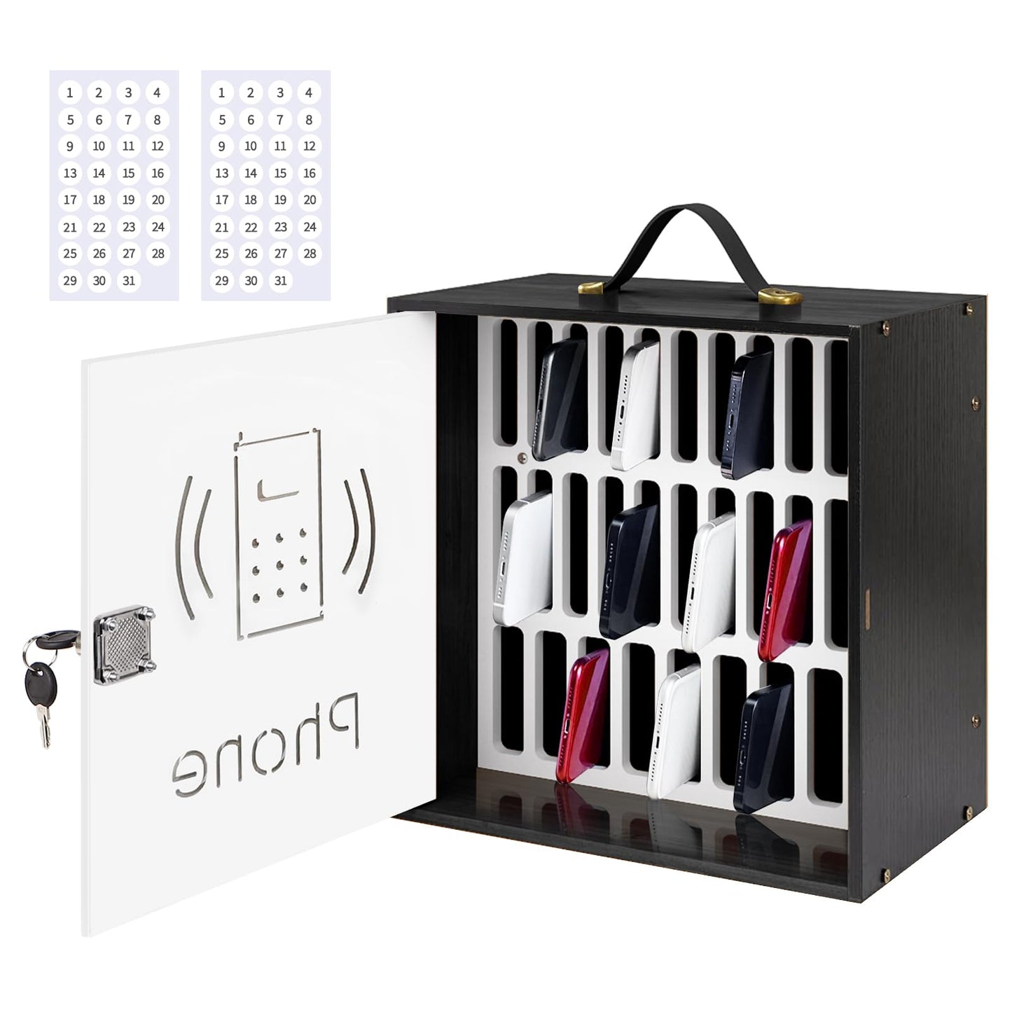 HZE Cell Phone Holder Classroom, 31 Slots, Wooden, Cell Phone Lock Box Pocket Chart with Handle and Security Lock for Storage and Organizer for Teacher, School (Black)