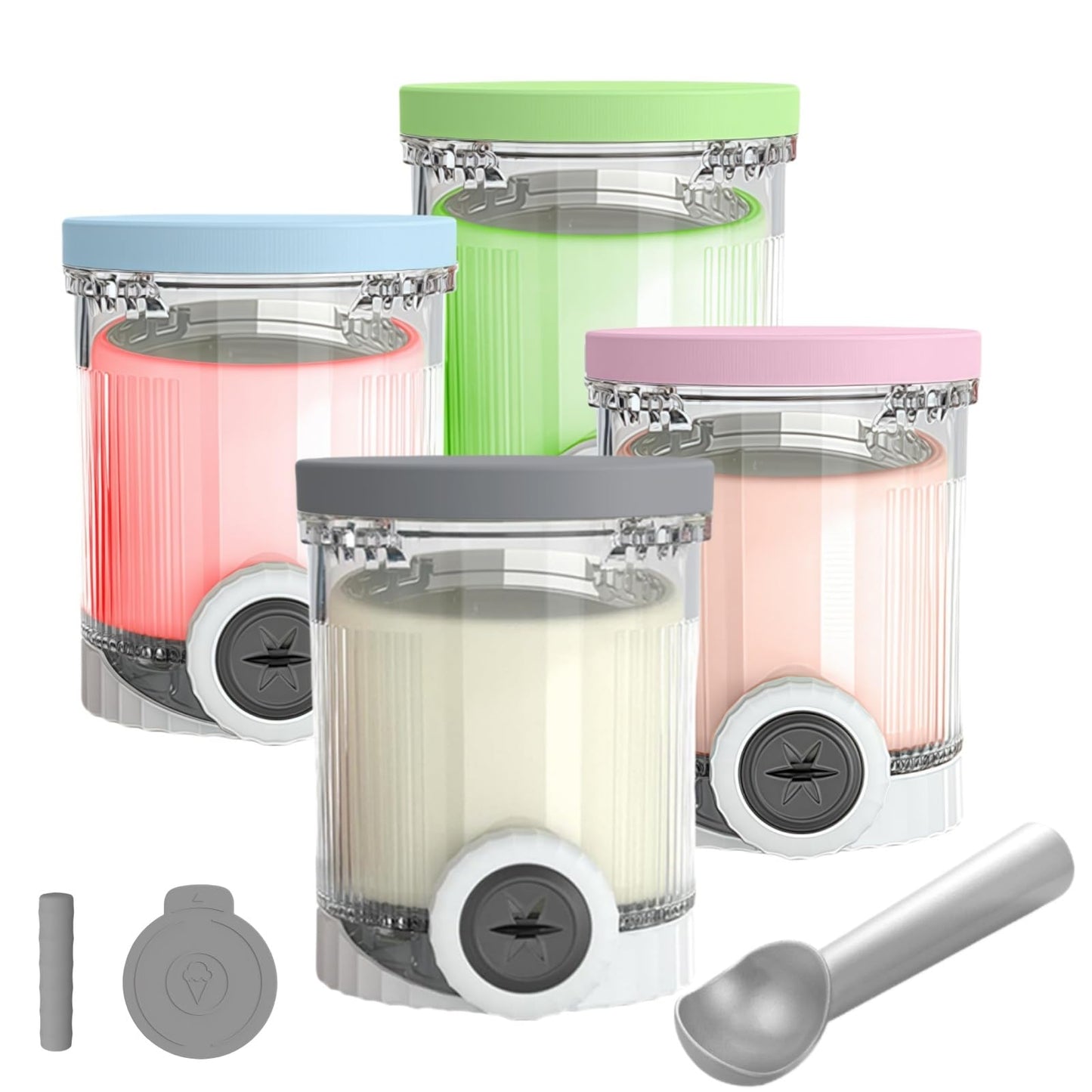 Replacement Pints and silicone Lids (4 Pack) - Compatible with Ninja Swirl Creami NC700 Series Ice Cream Maker, BPA-Free, Dishwasher Safe (4pc（Gray, Blue, Green, pink）＋(Dust/handle cover))