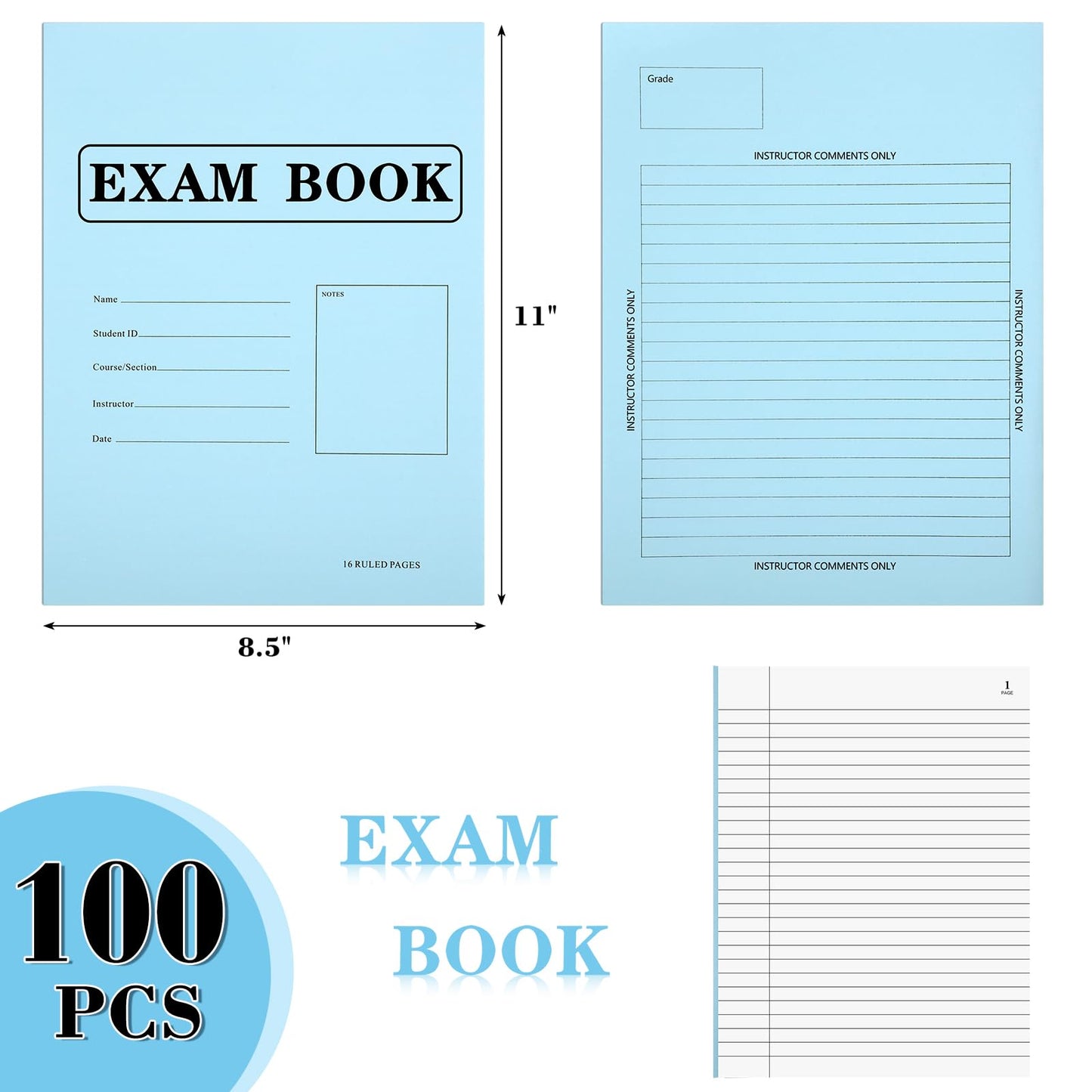 Skyygemm 100 Pack Exam Blue Book, 8.5" x 11" Blue Test Books, 8 Sheets 16 Pages, Wide Ruled Saddle Stitched Examination Notebooks for School Test Business Office
