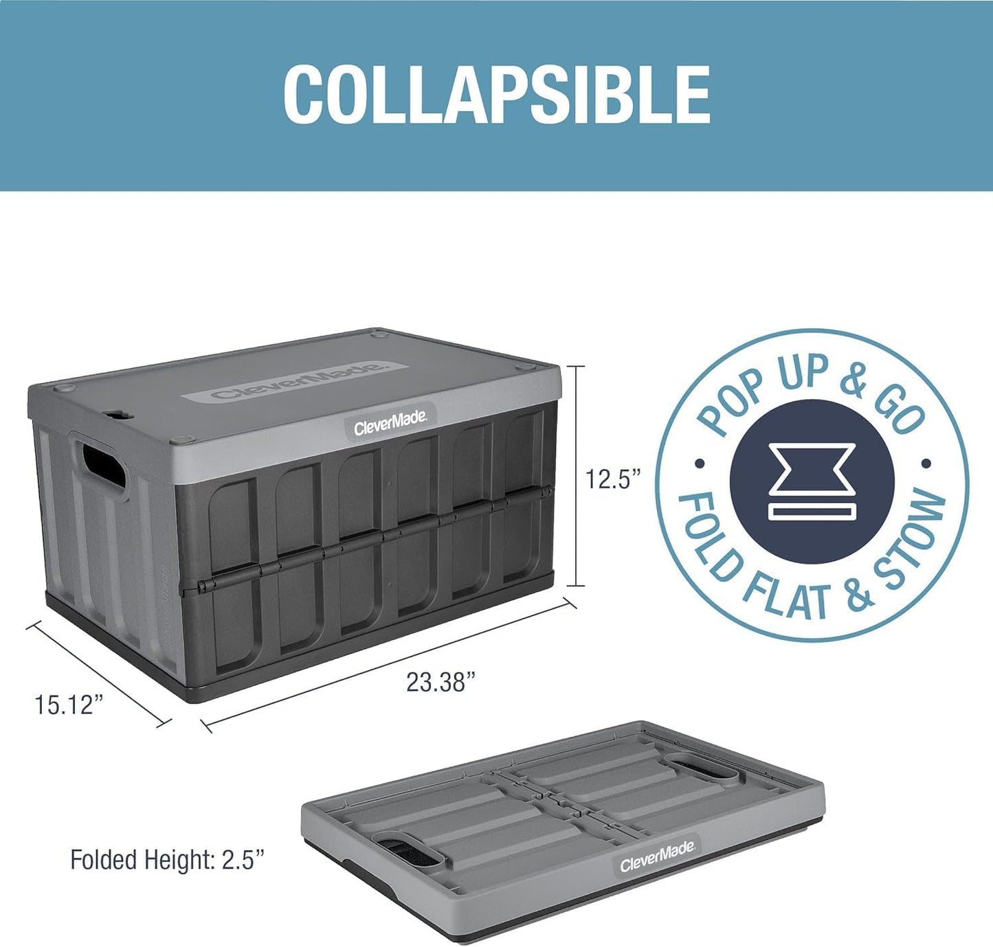 CleverMade Collapsible Storage Bins with Lids, 62L – Heavy Duty Foldable Plastic Storage Crates for Garage, Closet & Trunk Organization - Stone
