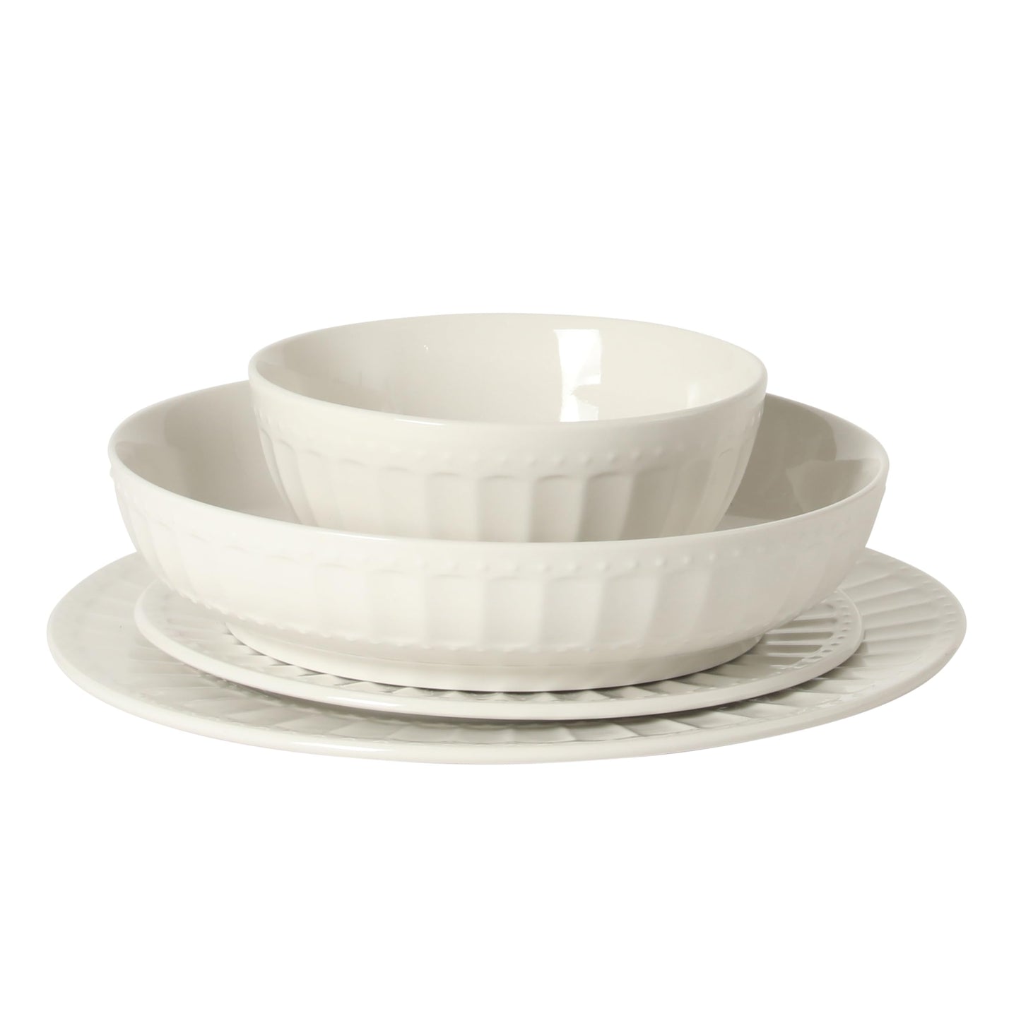 Gibson Home Melbourne White Plates and Bowls Set, 16 Piece Embossed Ceramic Dinnerware Set - Service for 4 Dishes - With Pasta Bowl