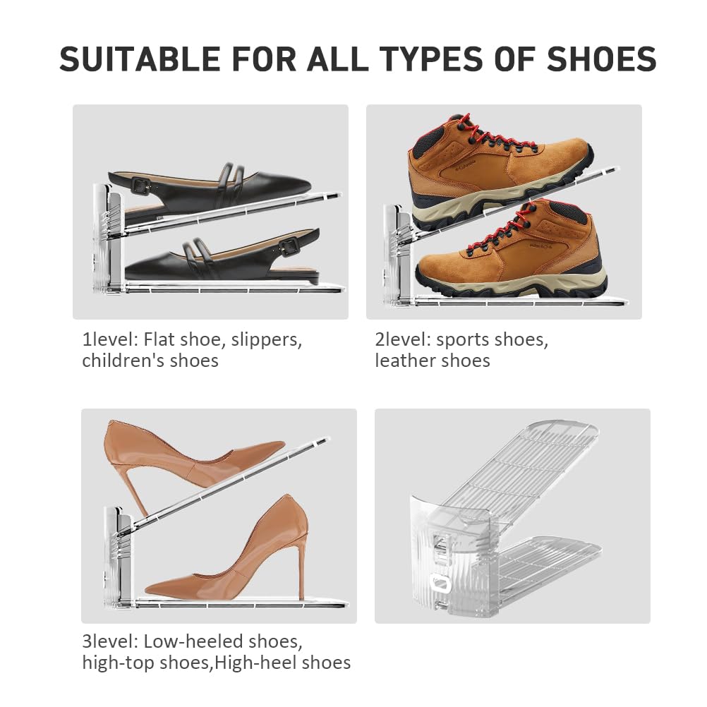 20 Pack Clear Shoe Slots Organizer - Adjustable Height 3.7''to 7.7'' Shoe stackers for a pair of shoes ,Shoe rack storage shoe space saver 50%,Easy to assemble shoe hold shoe organizer for cloest