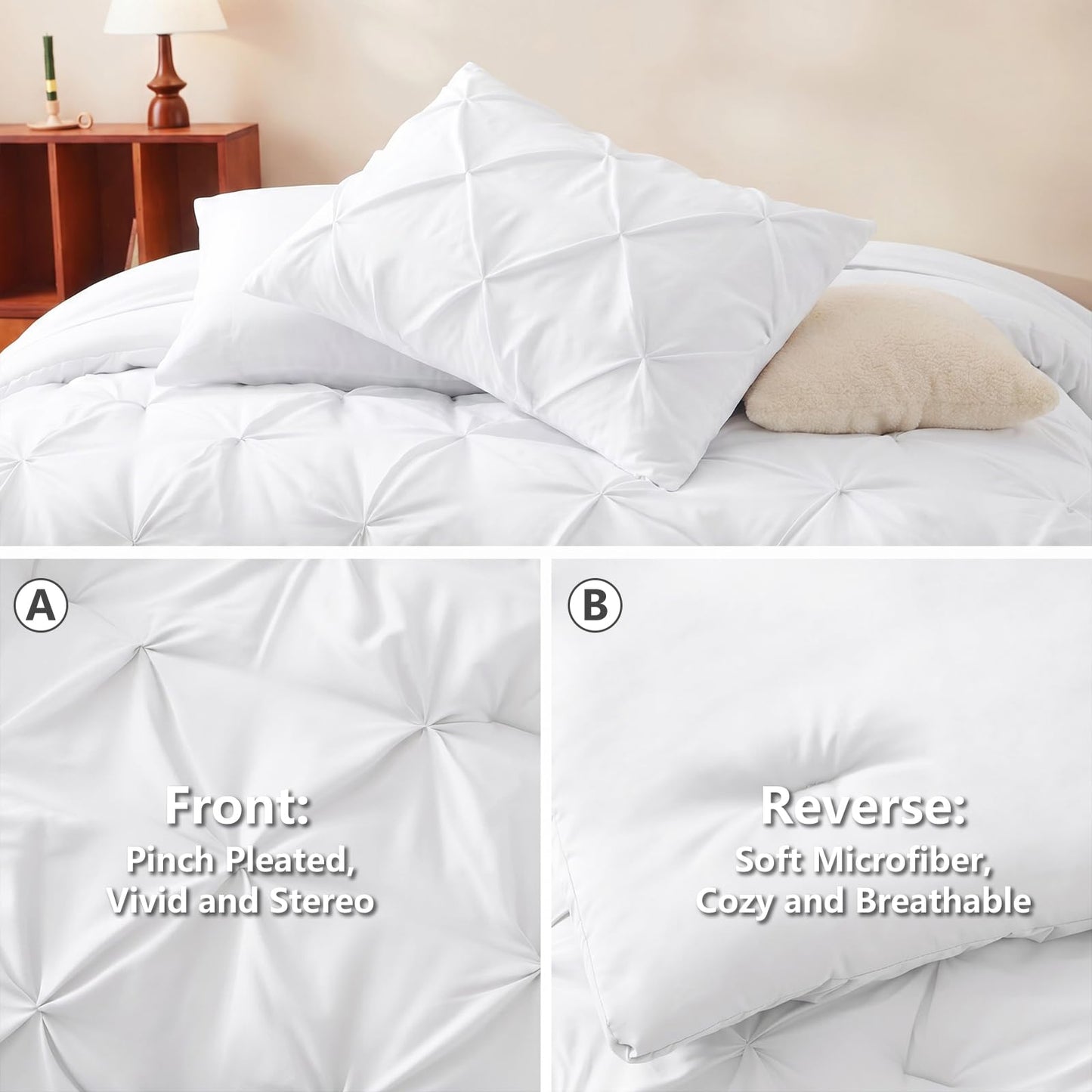 HIMEET King Size Comforter Set White - 7 Pieces Pintuck Bed in a Bag, Pinch Pleat Modern Room Decor, All-Season Soft Bedding Gift with Comforter, Sheets, Pillowcases & Shams