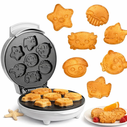 Sea Creature Mini Waffle Maker- Summer Fun, Make 7 Different Ocean Animal Shapes in Minutes- Cool for Kids & Adults w Novelty Aquatic Pancakes- Electric Non-Stick Waffler Iron, Quick & Easy Breakfast