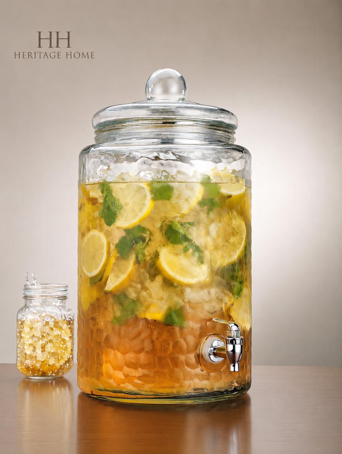 MosJos 3 Gallon Classic Hammered Glass Ice Cold Beverage Drink Dispenser - With Glass Lid 100% Leak Proof Spigot- Wide Mouth Easy Filling For Outdoor, Parties & Daily Use