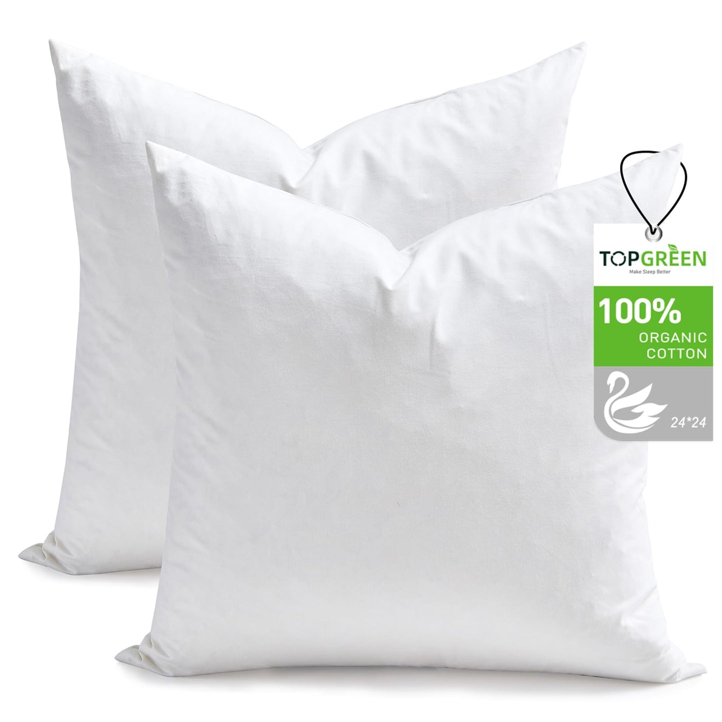 TOPGREEN Feathers Down Throw Pillow Inserts 24x24, Set of 2, 100% Organic Cotton Shell, Soft Decorative Square Pillow Insert for Living Room Sofa, Couch, or Bed (White)