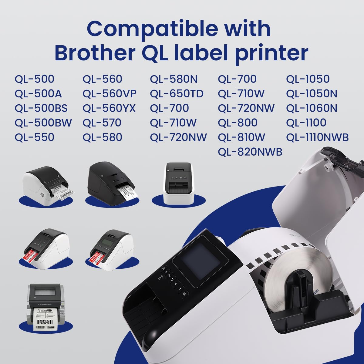 12 Rolls DK-2205 62mm x 30.48m (2-3/7" x 100') Continuous Length White Paper Label Tape Roll Compatible with Brother QL-600 800 810w Thermal Printers, 1 Frame
