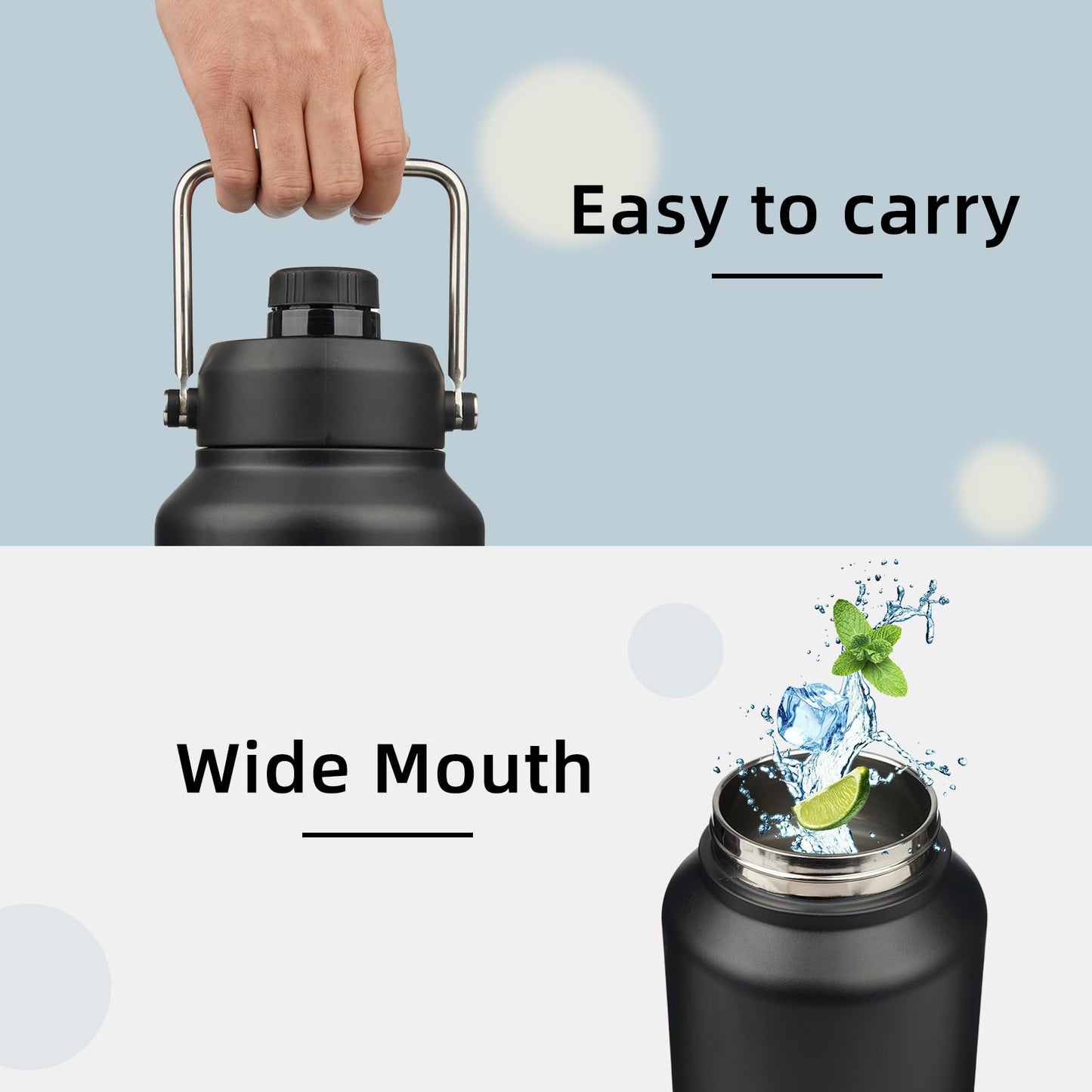 Konokyo Half Gallon Jug with Handle,64 oz Insulated Water Bottle with Carrying Pouch,Double Wall Vacuum Stainless Steel Metal Bottle,Black