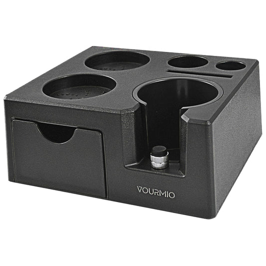 VOURMIO Espresso Tamping Station - 7 in 1 Espresso Coffee Organizer Box Fits for Storage 51/54/58MM Espresso Tamper, Distributor, Portafilter and Puck Screen Accessories, Plastic Tamp Station, Black