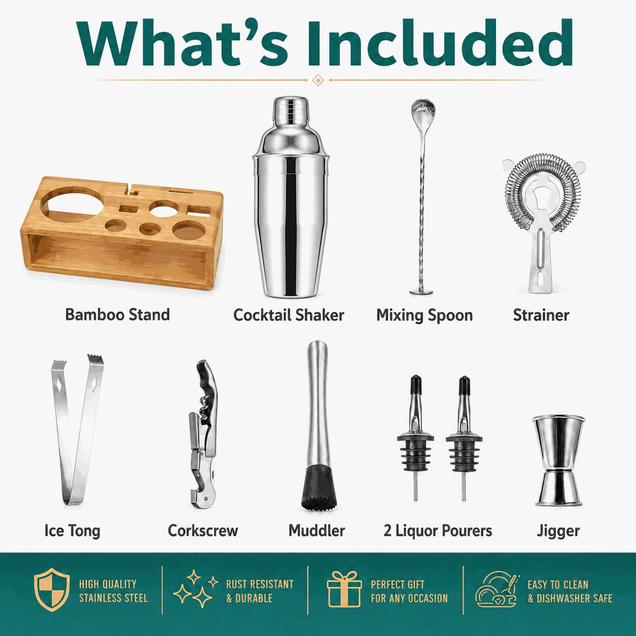 Cocktail Shaker Set, 18/8 Food-Grade Stainless Steel Mixology Bartender Kit 10-Piece Bar Tools with Stylish Bamboo Stand - Rust-Proof & Dishwasher Safe - Professional Martini Shaker Gift for Men, Dad