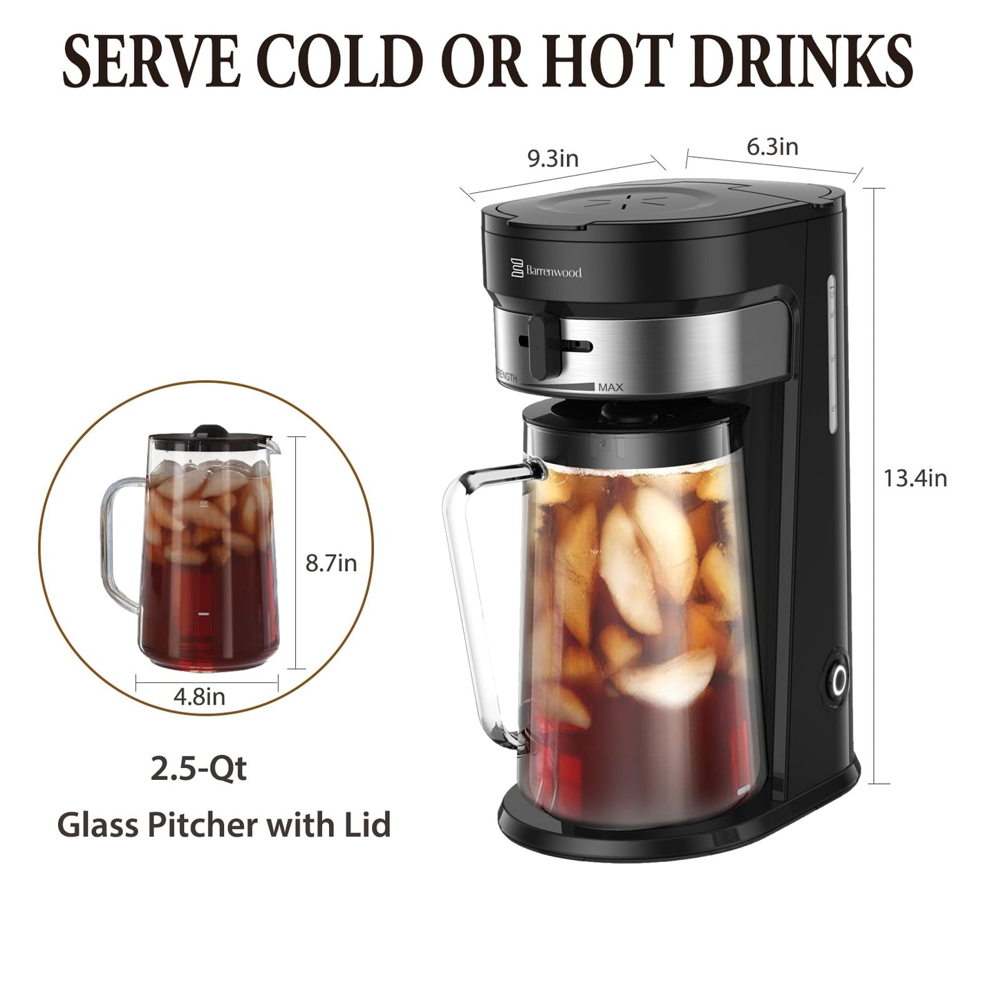 BARRENWOOD Ice Tea Maker with 2.5QT Cold Brew Coffee & Iced Tea Pitcher, Strength Selector, Reusable Filter for Lemonade, Fruit Infused Water (Black)