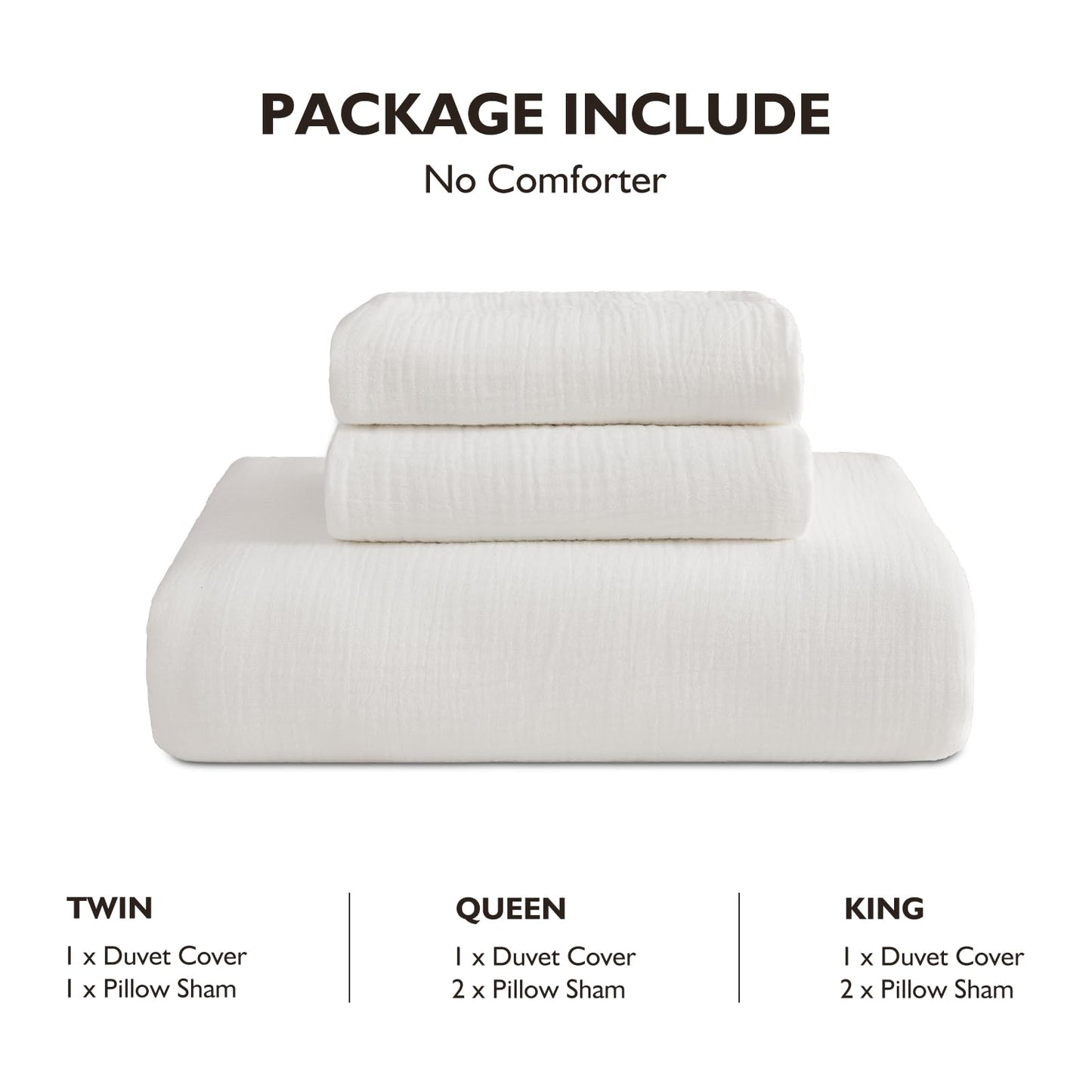 EMME Cream White Muslin Duvet Cover Queen Size, 100% Cotton Soft Gauze Bedding Set with 2 Pillowcases, Breathable Lightweight All Season Comforter Cover with Zipper & Corner Ties, 90"x90"