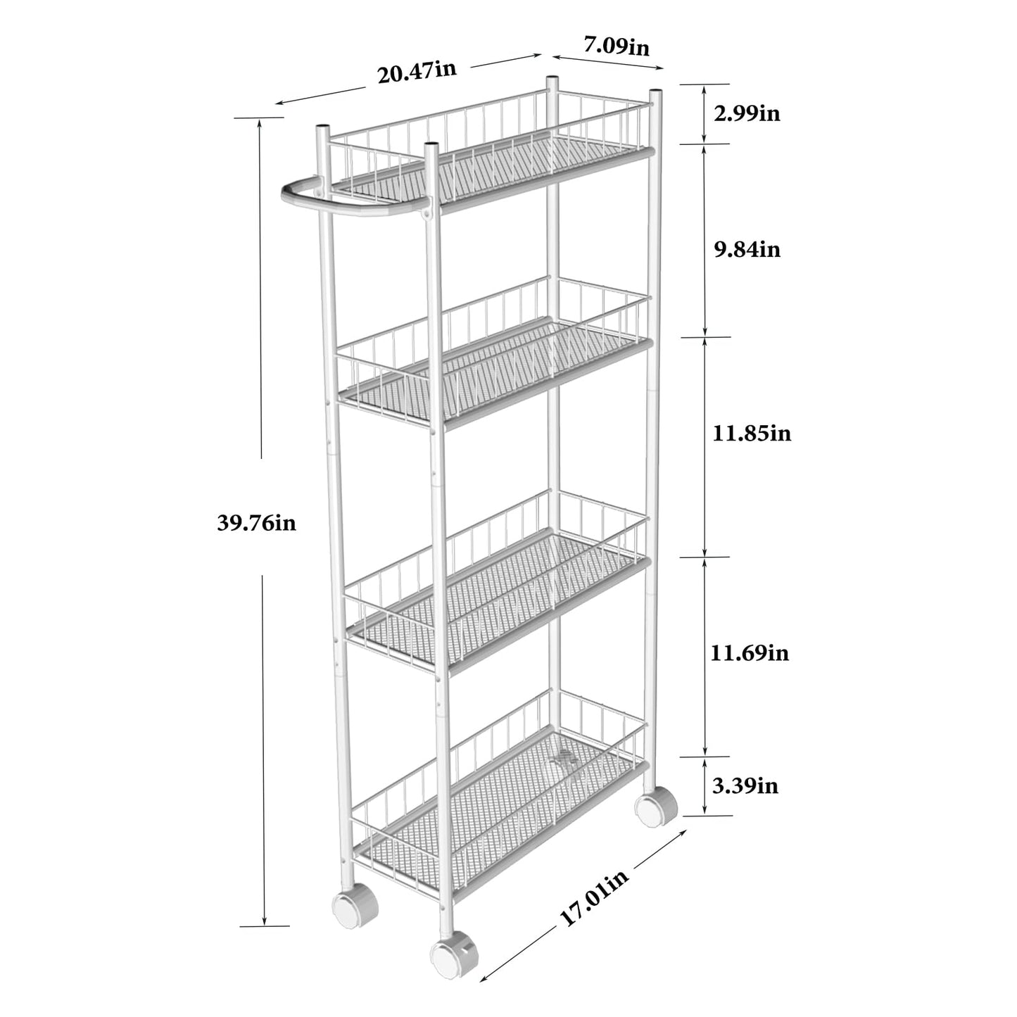 Utility Slim Storage Cart, 4-Tier Storage Cart, Narrow Cart with Handle, 7.1 Inches Deep, Metal Frame, for Kitchen, Dining Room, Living Room, Home Office, Rustic Brown and Classic (4 Tier White)