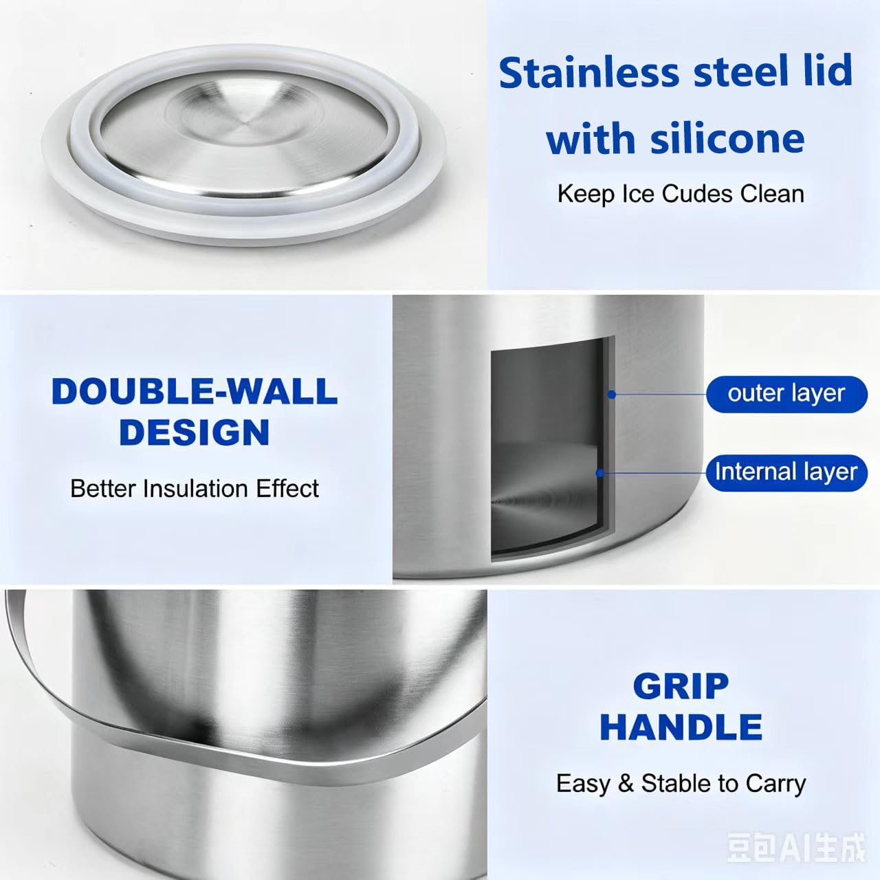 Portable Ice Buckets for Parties,3 Liter Double Wall Ice Bucket with Lid,Scoop,Tongs,Handle,Stainless Steel Ice Container to Keep Ice Frozen Longer- Ideal for Cocktail Bar,Camping,Chilling Beer/Wine