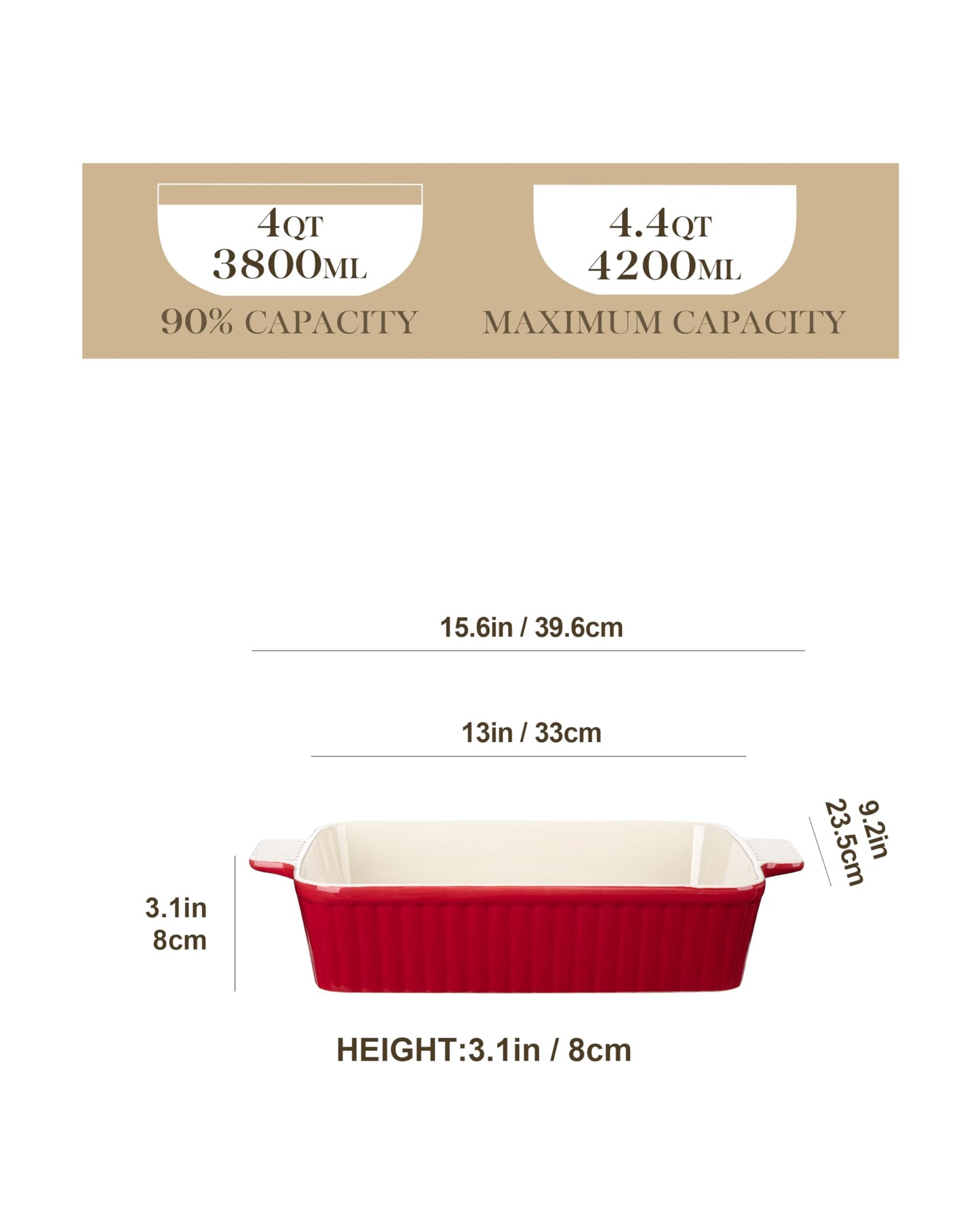 MALACASA 4.4 QT Baking Dish, 9x13 Large Casserole Dish for Oven, Ceramic Baking Pan, Rectangular Lasagna Pan Deep with Handles for Baking, Durable Microwave Oven Safe, Red, Series BAKE-BAKE