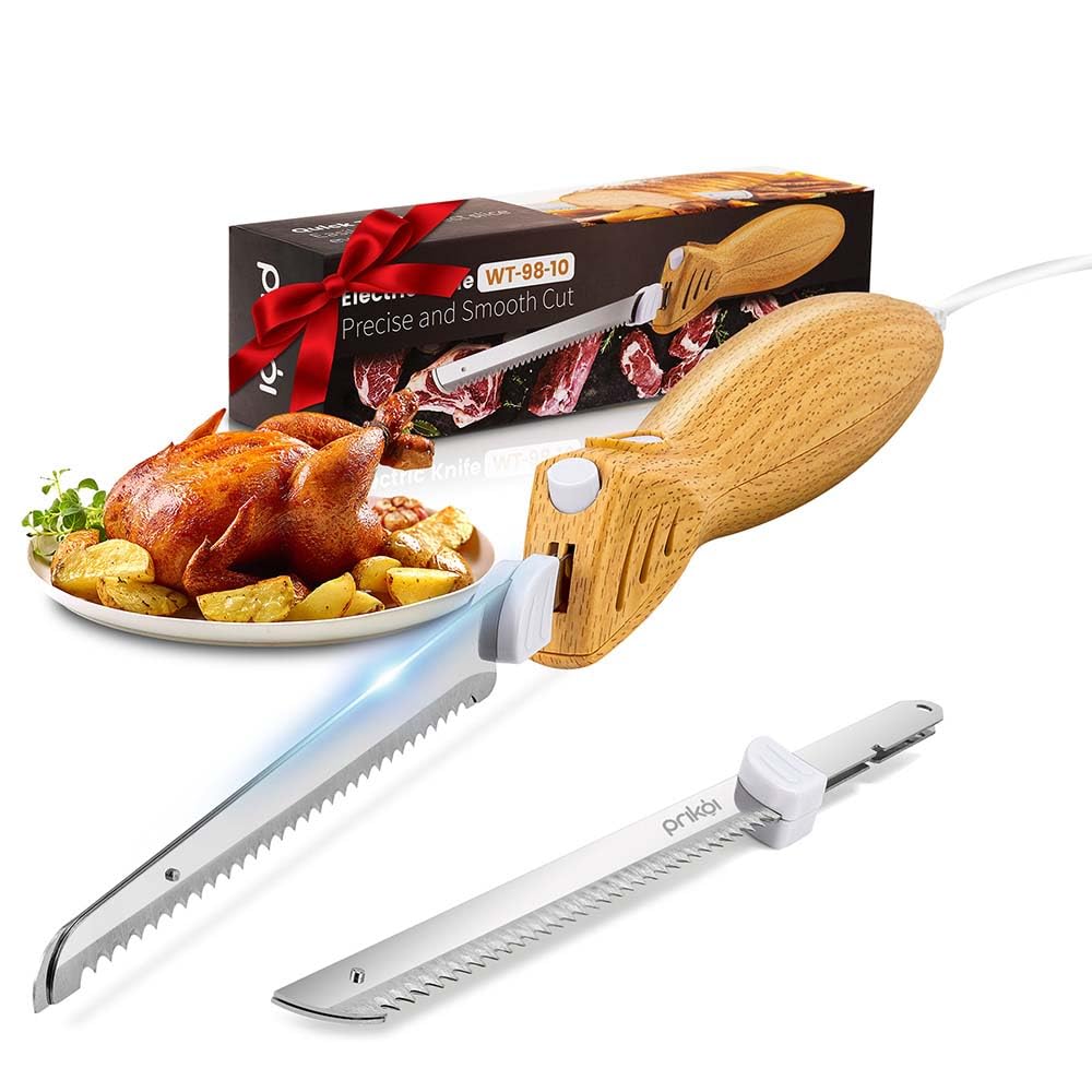 Prikoi Electric Knife - Carving Knife Set, Easy-Slice Serrated Edge Blades for Meat, Bread, Turkey, Ribs, Fillet, DIY, Ergonomic Handle + 2 Blades for Raw & Cooked Food New Upgrade(Faux Wood)