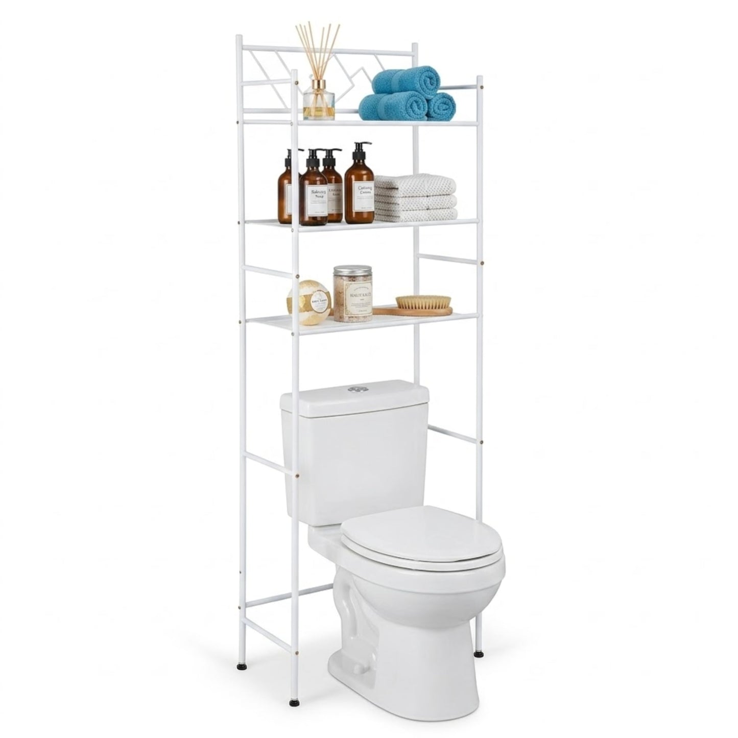 Home Zone Living Over-the-Toilet Bathroom Storage Organizer with 3-Tier Shelves and Adjustable Feet, Freestanding Steel Frame Design, White