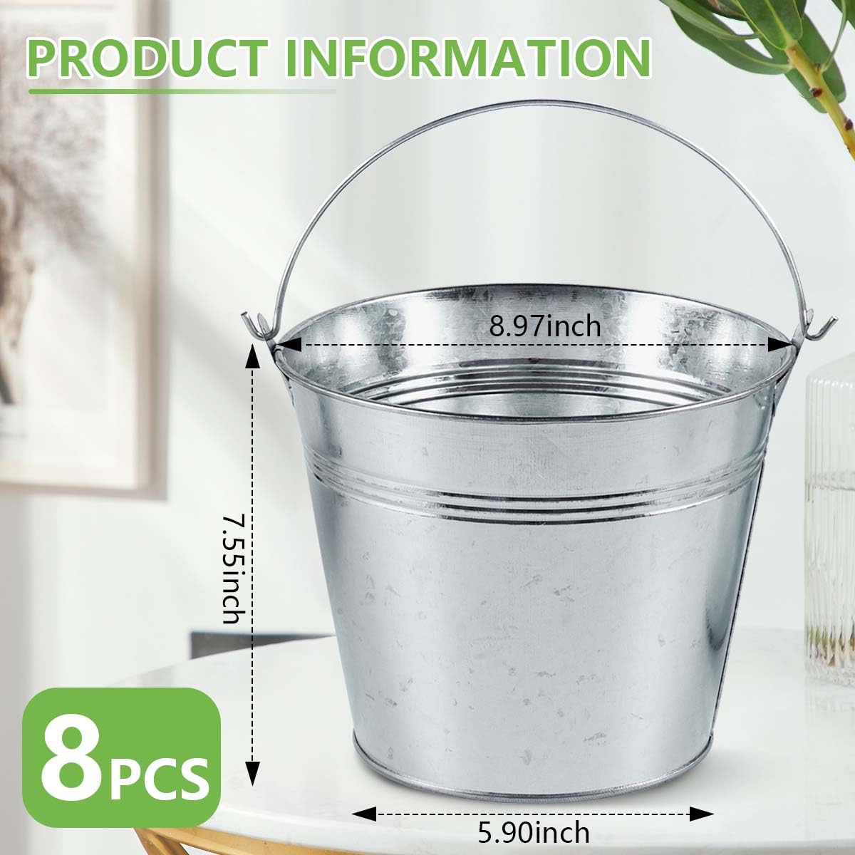 OBTANIM 8 Pack Galvanized Metal Buckets with Handle Ice Pails for Plants, Succulents, Party Favors Organizing, Rustic Home Decor or Classrooms Pencil Storage (9 x 5.9 inch)