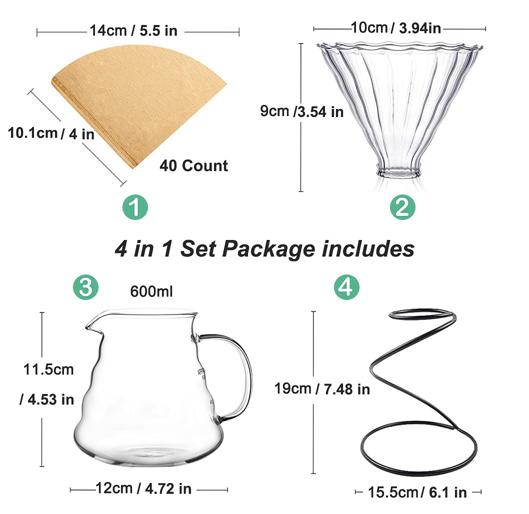 Pour Over Coffee Maker Set – Includes Glass Coffee Dripper, Metal Dripper Stand, Heat Resistance 600ml Coffee Server and 40 Count Paper Coffee Filters, 4 in 1 Set for Home or Office (Black Set)