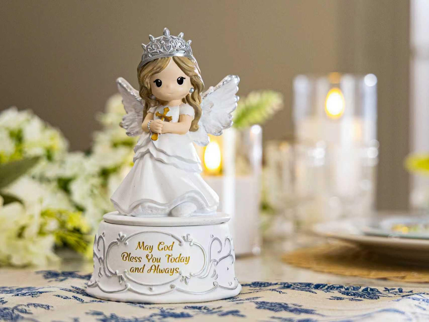 Gleemoria First Communion Gifts for Girls – Baptism & Confirmation Gifts for Teen Girls, Angel Figurine with Keepsake Box, Cross Necklace for Girls & Adjustable Bracelet & Wood Cross