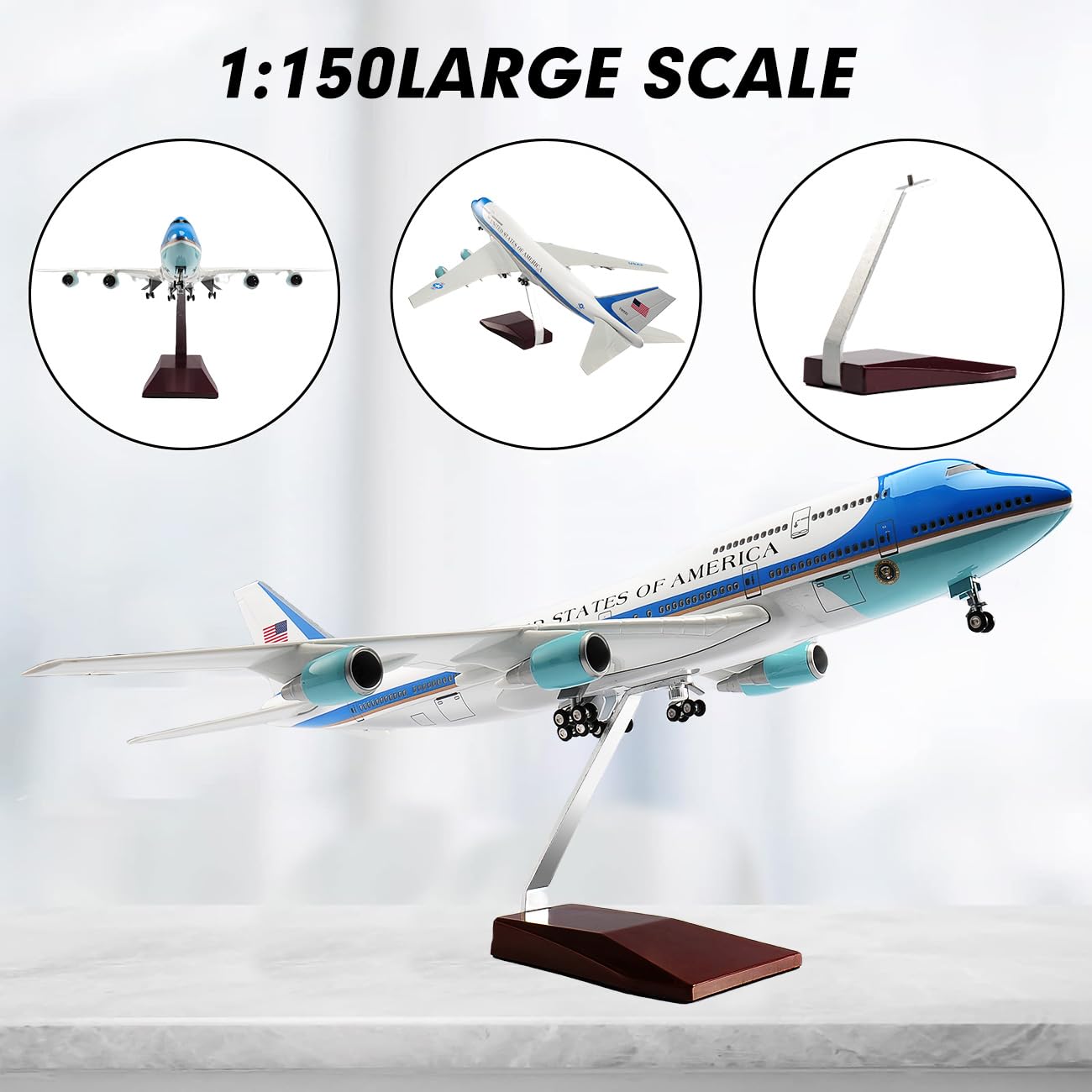 1/150 Scale Diecast Airplane US Airlines Boeing 747 Air Force Planes Model 18.5”Aircraft Model with Landing Gear Voice Control Cabin Light Aircraft Model for Collection