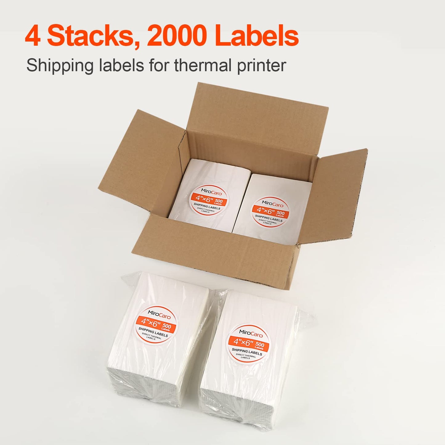 MiroCaro 4" x 6" Shipping Labels for Thermal Printer, Fan-Fold Postage Thermal Labels, Mailing Labels for Packages (4 Stacks, 2000 Labels)