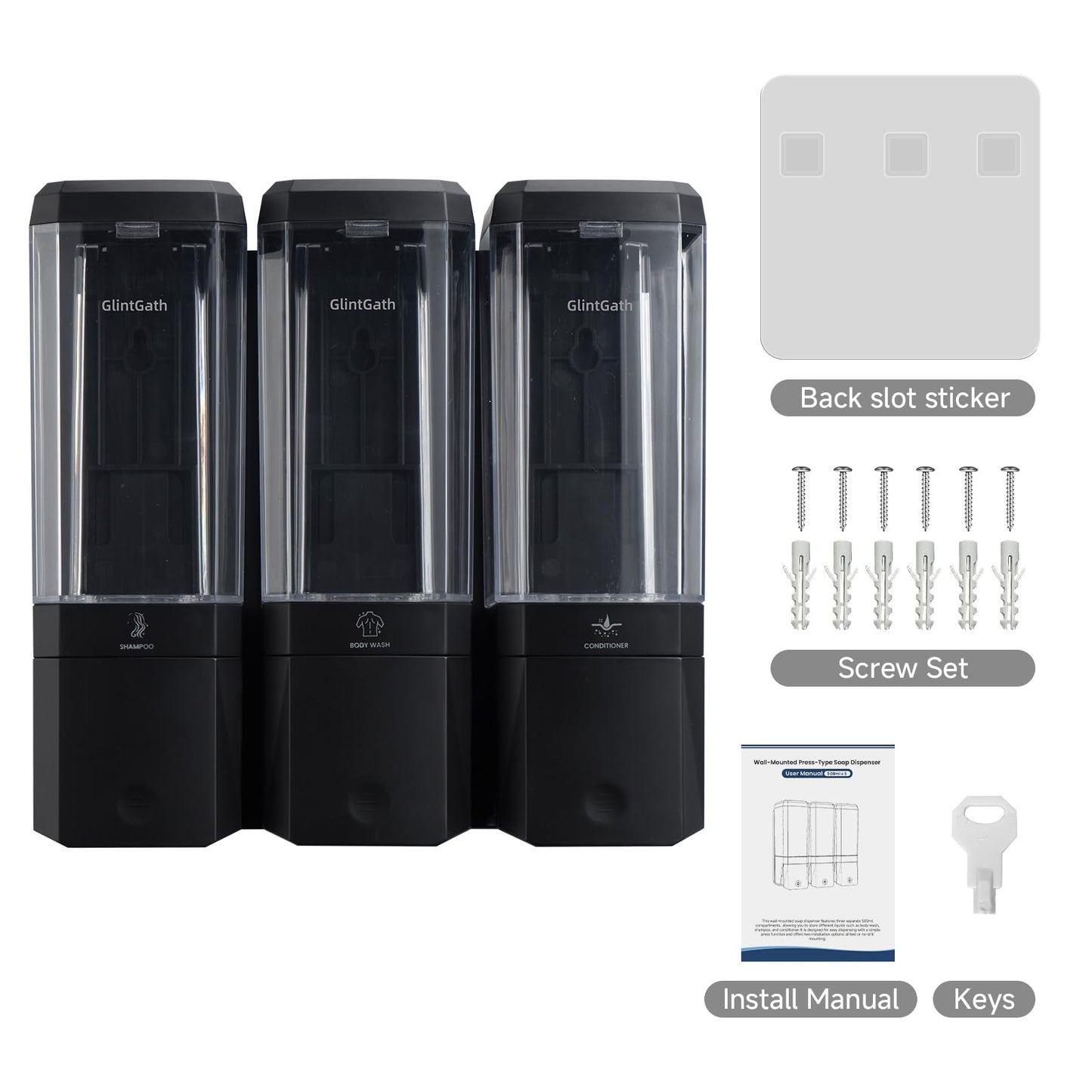 Shampoo and Conditioner Dispenser,GlintGath Shower Dispenser 3 Chamber No Drill Shampoo Dispenser for Shower Wall Mounted Shower Soap Dispenser for Bathroom Hotel,Large Capacity 3 * 500ML, Black