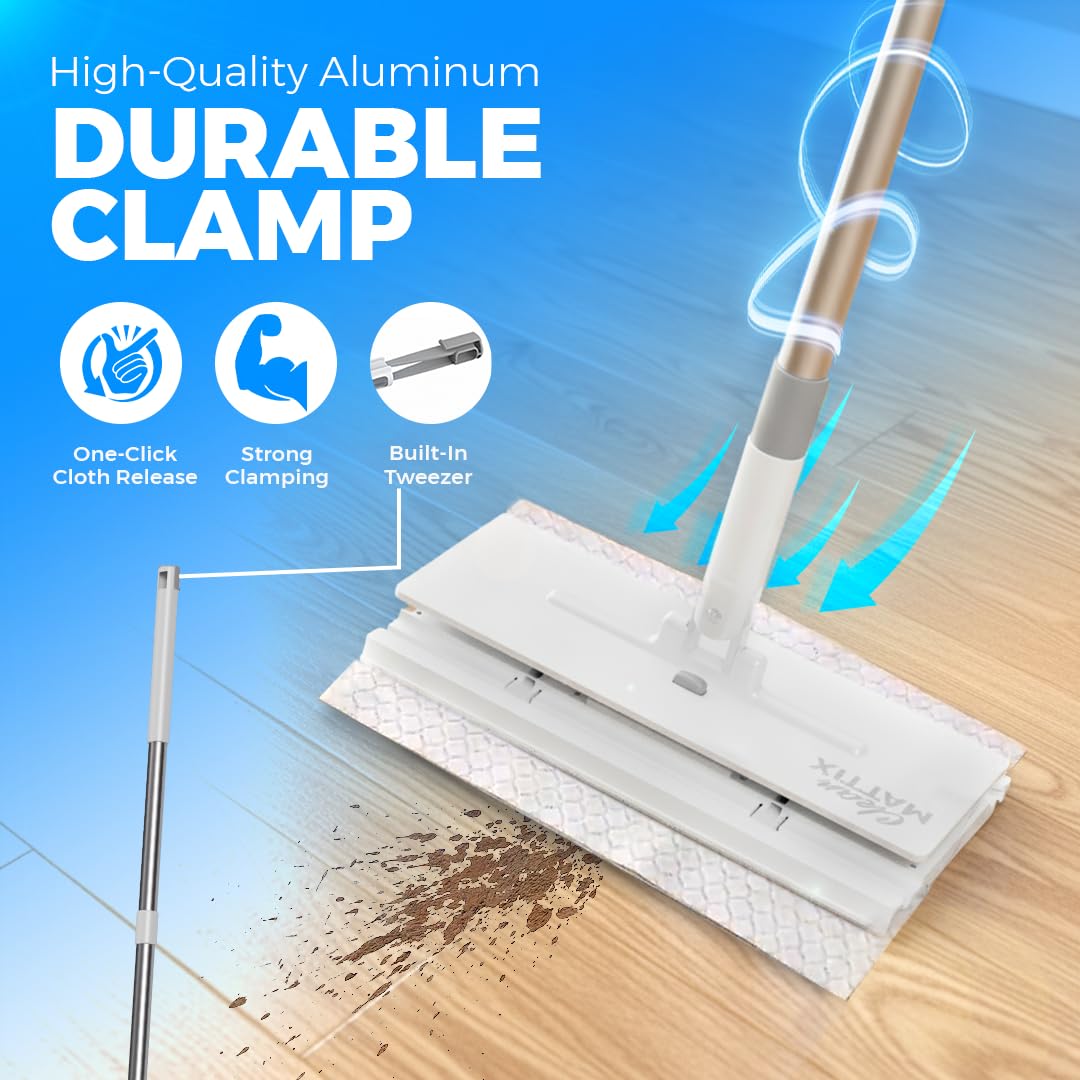 CleanMattix - FlexiClamp Sweep & Mop Kit - Compatible with Swiffer Pads, Durable Cleaning Tool for Hardwood, Tile, Marble & Laminate Floors, Home, Kitchen Cleaning Essentials. (Include 10 Dry Cloths)