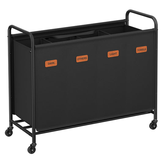 SONGMICS 4-Section Laundry Sorter, Laundry Hamper with Wheels, Rolling Clothes Hamper Cart with Large Capacity and Removable Bags, for Laundry Room, Bedroom, Bathroom, Ink Black URLS460B01