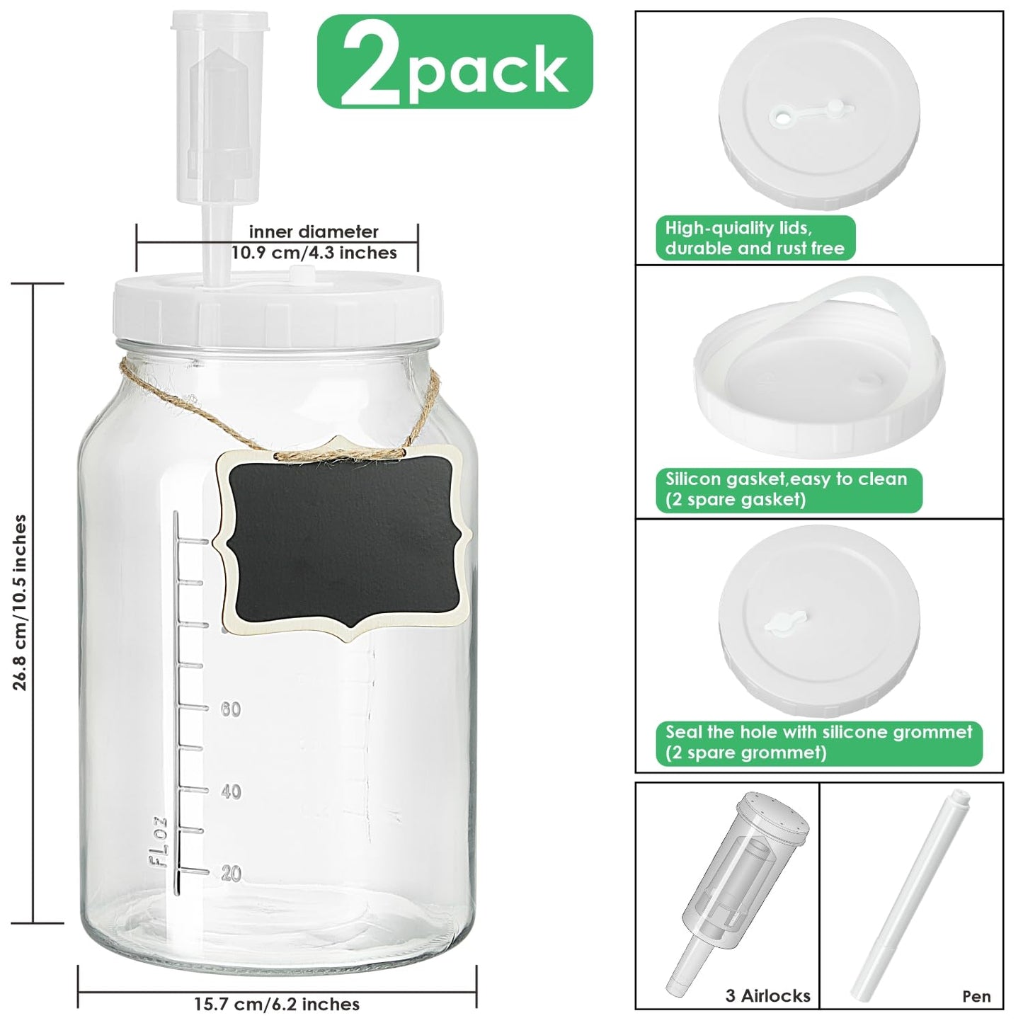2 Pack 1 Gallon Large Fermentation Jars with 3 Airlocks and 2 SCREW Lids(100% Airtight Heavy Duty Lid w Silicone) - Wide Mouth Glass Jars w Scale Mark - Pickle Jars for Sauerkraut, Sourdough Starter