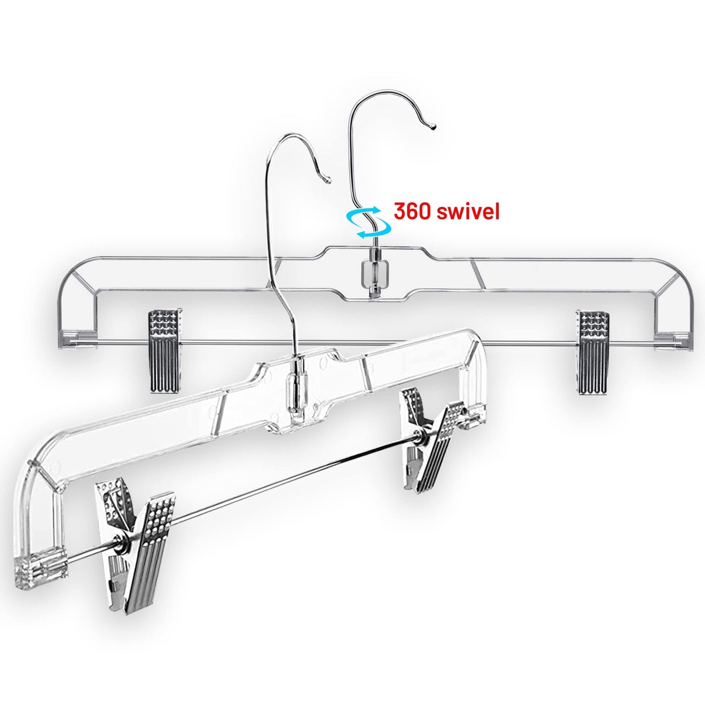 DEILSY™ Pants Hangers with Clips 12 Pack – 14 Inch Clear Plastic Skirt Hangers, 360° Swivel Hook, Clip Hangers for Pants, Skirts, Jeans, Shorts & Trousers – Space Saving, Non-Slip