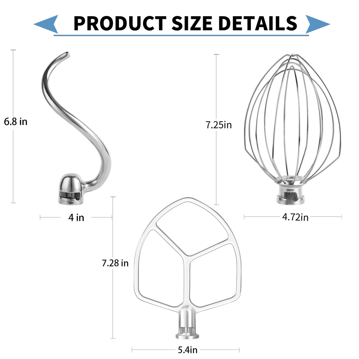 Stainless Steel 3 Piece kit Attachments，Dough Hook 6 Wire Whisk Flat Beater Compatible with KitchenAid 5 Plus -6QT Mixer，Bowl Lift Stand Mixer Accessory，Rust Resistant，Dishwasher Safe