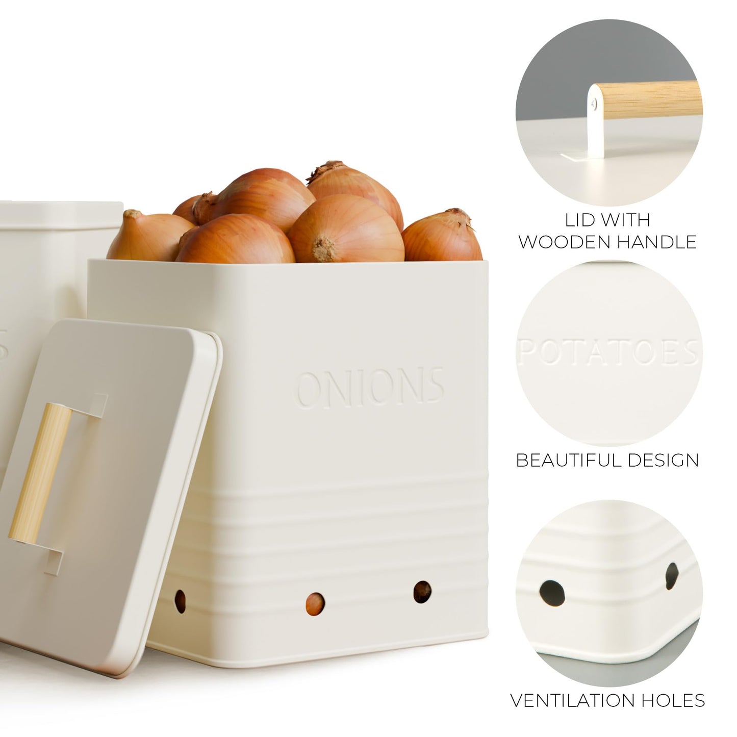 ZICOTO Beautiful Potato and Onion Storage Container Set, 10.1" & 8.9" - Perfectly Sized Spacious Canisters For Your Kitchen Counter Or Pantry - Food Safe Metal Bins Keep Produce Fresh Longer