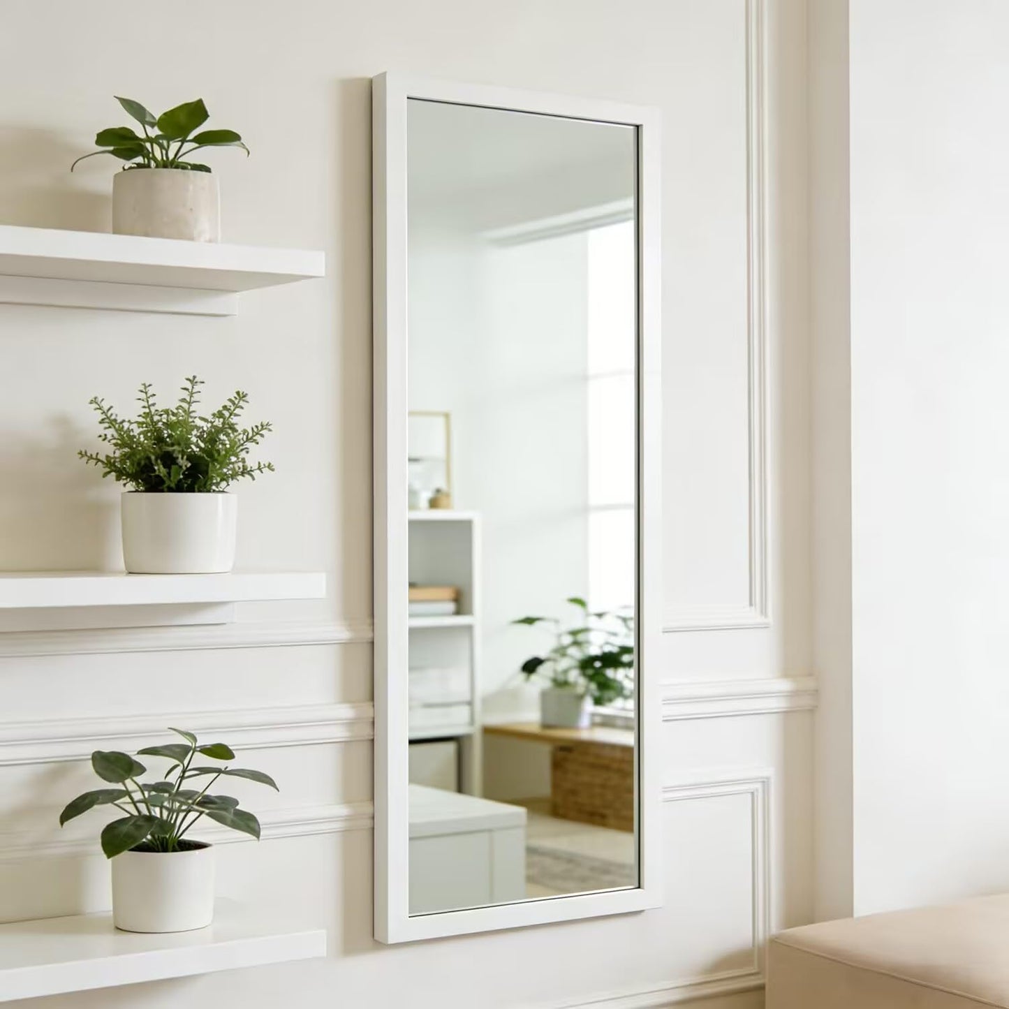 whitebeach 48" x 16" Over The Door Full Length Mirror Wall Mounted Hanging with 2 Metal Hangers for Bedroom Living Room Bathroom White