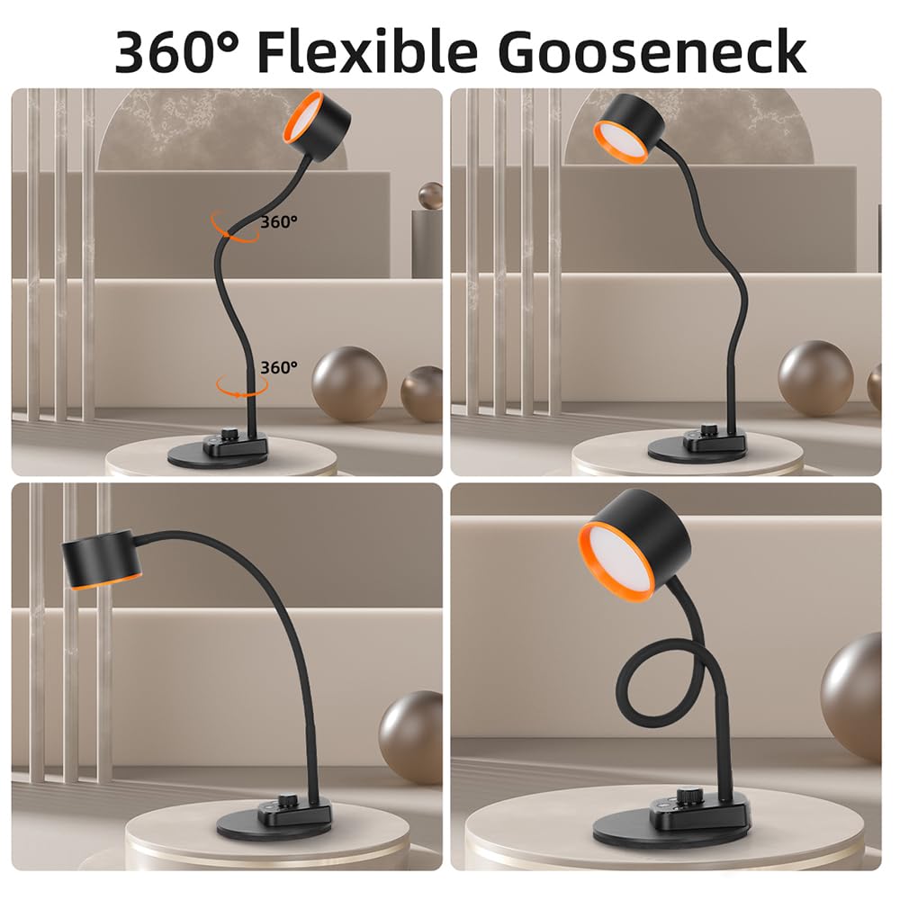 LiFMIRA Desk Lamp, LED Desk Lamp with USB C + A Charging Ports, 5 Colors Fully Dimmable Eye Care Reading Lamp for Bedside Table Full Metal Efficient Gooseneck Table Lamp for Home Office Black