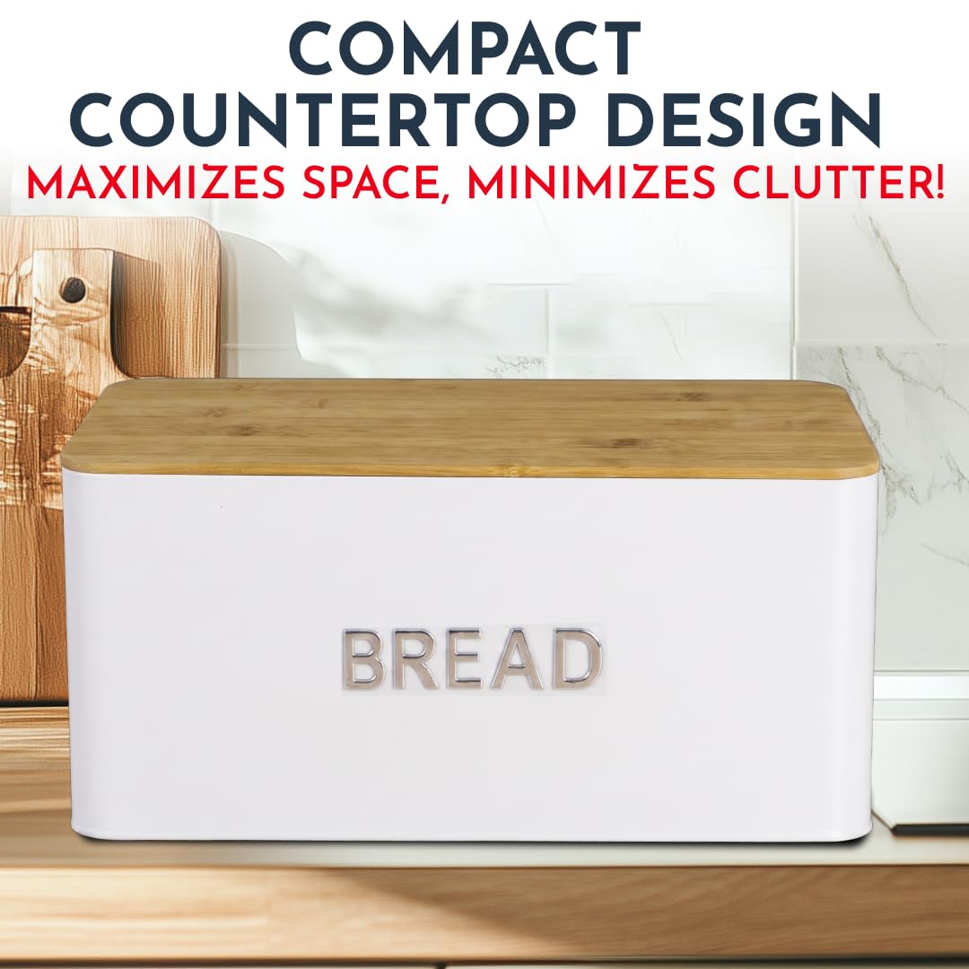 Culinary Couture White Bread Box for Kitchen Countertop with Bamboo Lid - Large BreadBox for Homemade Bread - Storage BreadBox with Cutting Board Lid