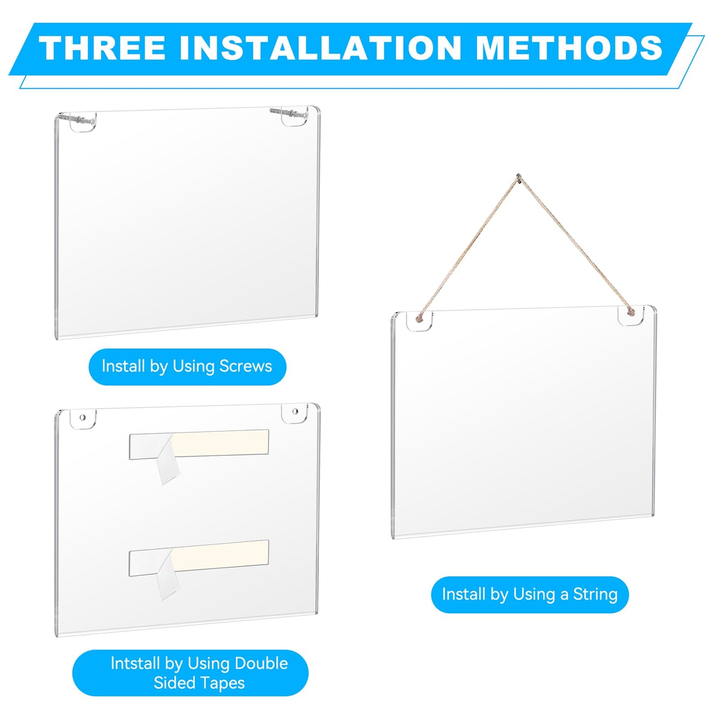 EHWINE 12 Pack 8.5x11 Wall Mount Acrylic Sign Holder Horizontal, Acrylic Wall Sign Photo Menu Flyer Display Holder, Plastic Clear Picture Adhesive Frames for Office Party (Provide Mounting Screws)