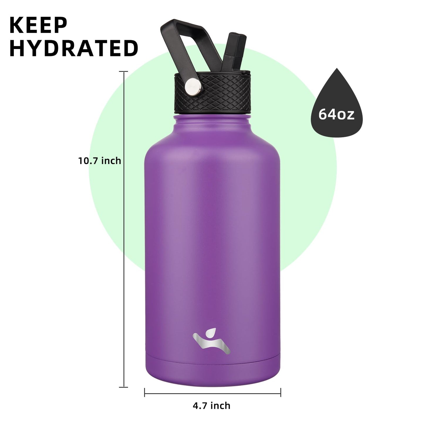 Konokyo Half Gallon Insulated Water Bottle with Straw,64 oz 3 Lids Water Jug with Carrying Bag,Paracord Handle,Double Wall Vacuum Stainless Steel Metal Flask,Purple