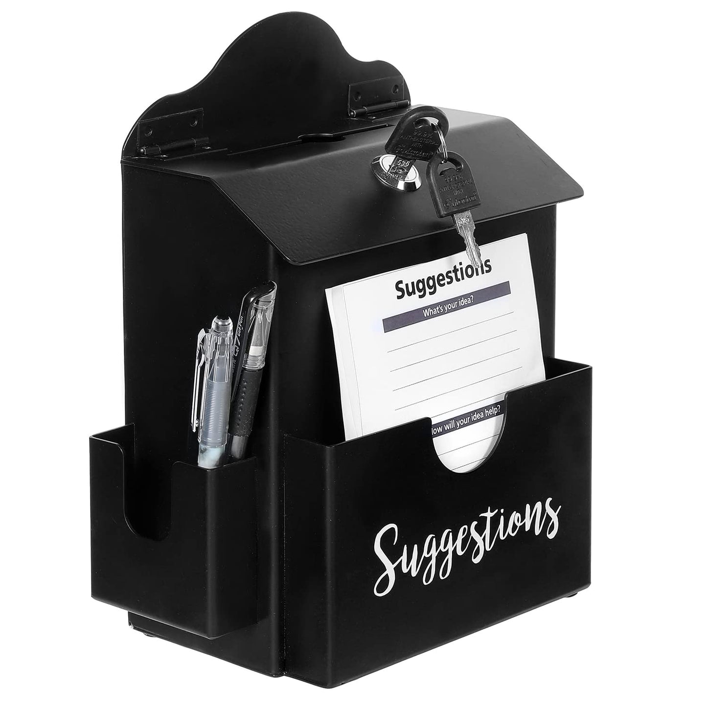 MyGift Suggestion Box with Slot and Lock, Donation Box for Fundraising, Complaint Case with Paper Sheet and Pen Holder Slots,Wall Mounted or Tabletop, Black Metal