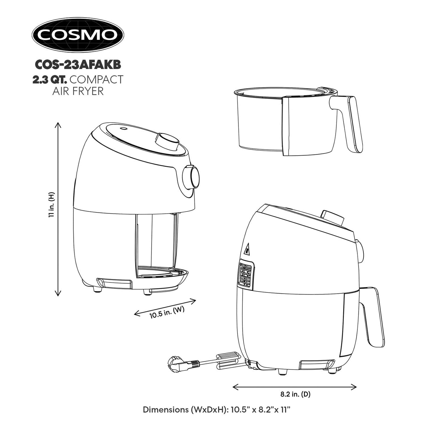 COSMO COS-23AFAKB 2.3 Quart Electric Small Air Fryer with Temperature Control, Timer, Auto Shut-Off, Non-Stick Frying Tray, 1000W Compact Mini Air Fryer (2.3 Quarts, Stainless Steel/Black)