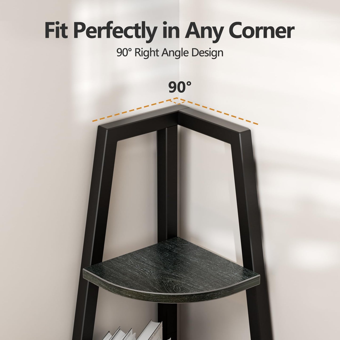 Furnulem 5 Tier Corner Shelf with LED Light, 67.2” Tall Standing Shelf for Wall Corner, Narrow Bookshelf Ladder Shelf for Bedroom, Living Room, Plant, Wood Storage Rack, Metal Frame (Black Oak)